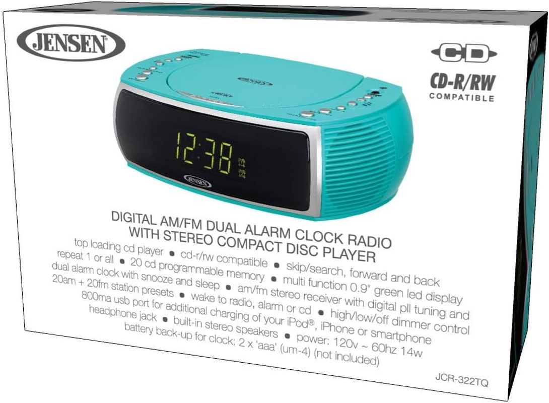Jensen Turquoise Modern Home CD Tabletop Stereo Clock Digital AM/FM Radio CD Player Dual Alarm Clock Stereo CD Top-Loading Disc Player | USB Charging Port DV 5V 800Ma | Headphone Jack | 0.9 Display image number 2