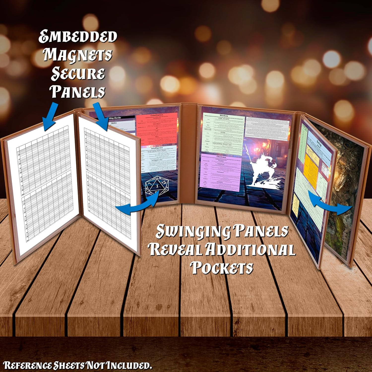 CASEMATIX DM Screen Faux Leather 8-Panel Deluxe GM Screen - Eight Panel Folding Dungeon Master Screen with 2 Swinging Panels and Wet Erase Pockets for Ttrpgs, Inserts Not Included, 47''X11.75'' image number 5