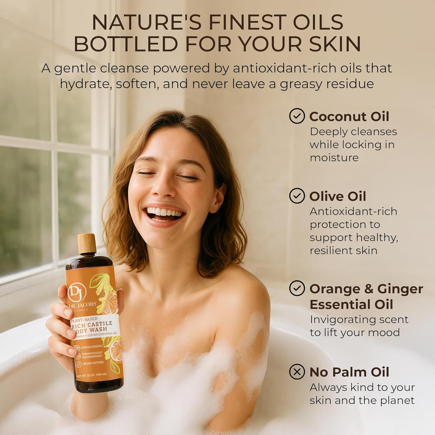 Dr. Jacobs Naturals Pure Castile Soap Liquid Body Wash, Orange & Ginger - All Natural Soap Infused with Vitamin E & Aloe Vera to Moisturize Dry and Sensitive Skin - Made in the USA - 32 Oz, Pack of 1 image number 2