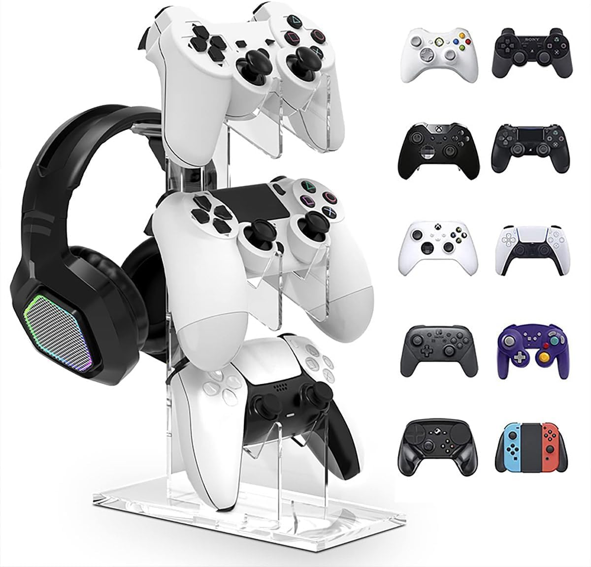 SAHENITEANA Controller Holder 4 Tiers, Gaming Headset & Controller Stand Compatible with PS5/PS5 Slim/Ps5 Pro PS4 Xbox Nintendo Switch Pro, Desk Organizer Accessories,White