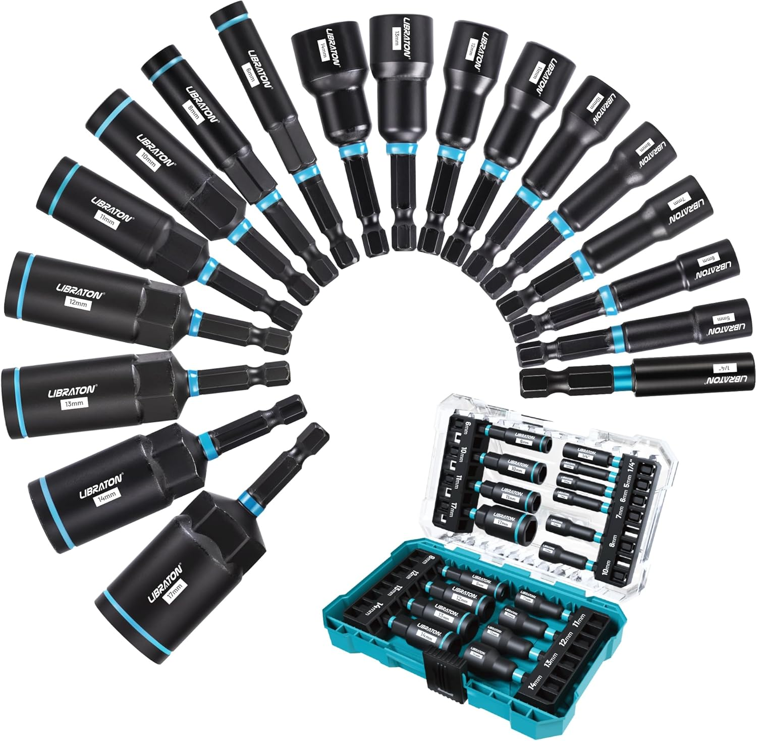 LIBRATON Magnetic Nut Driver Set, 18Pcs Impact Driver Bit Set, Deep Nut Drivers Set, Metric Nut Driver for Impact Drill, 5-14 MM Nut Drivers and 6-17 MM Nut Deep Drivers, Bit Holder, for Car Repairs image number 5