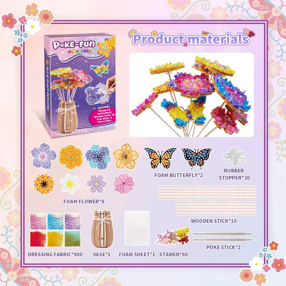 Poke Flower Arts & Craft Kits for Kids - DIY Poke-In Art Flower Bouquet with 8 Flowers 2 Butterflies for Girls Birthday Presents Party Favors Classroom Art Activity Flower Gifts for Girls Toys Age 4+ image number 1