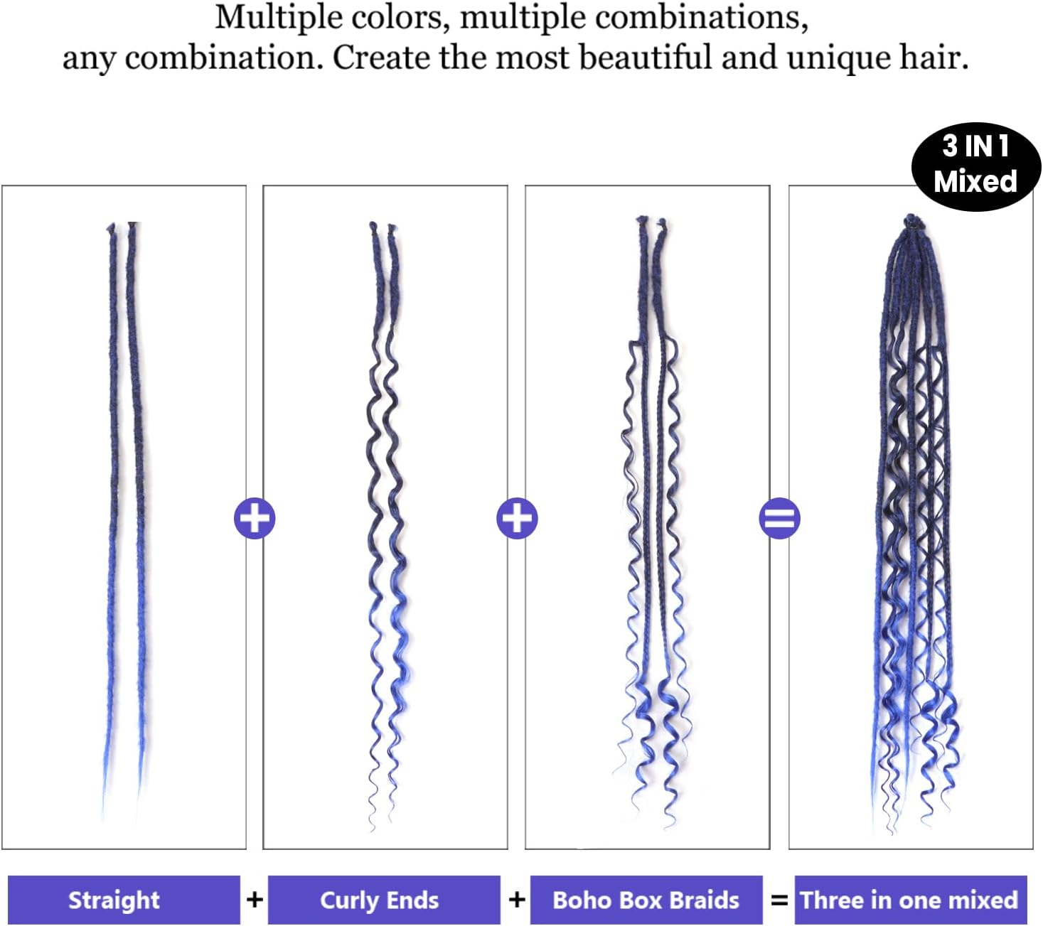 24 Inch Synthetic Dreadlock Extensions Hippie Single Ended Dreads 0.6 Cm Width Loc Extensions Reggae Style Crochet Hair for Women (T1B/Blue, 3 Styles Mixed 24 Inch(18 Strands)) image number 2