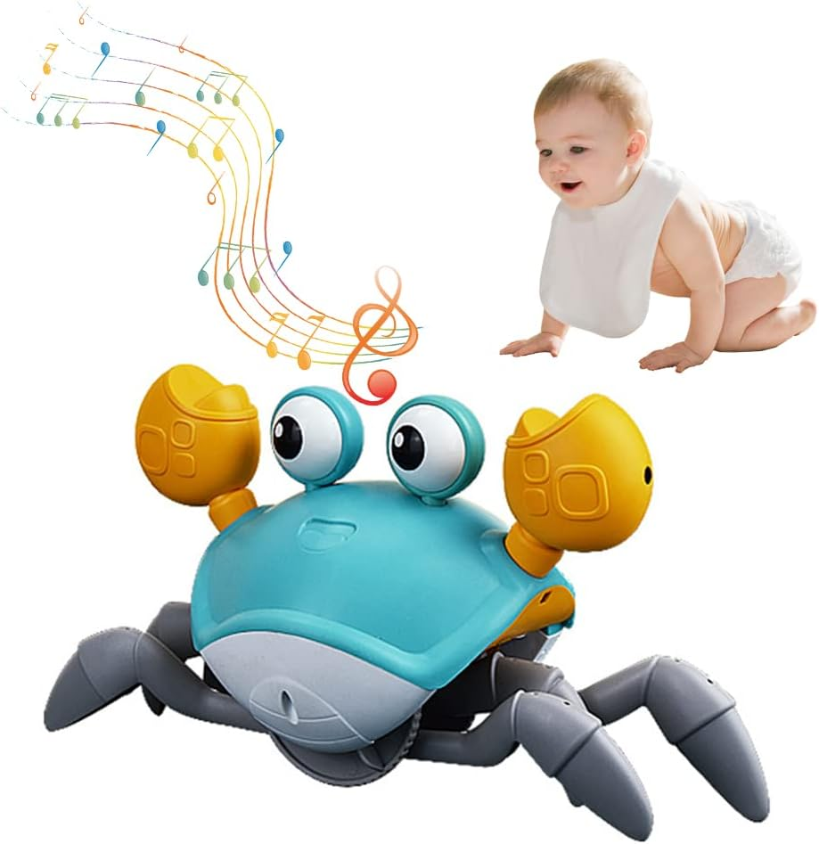 Eacam Crawling Crab Toy with Music & Light, Tummy Time Toys for Babies, Interactive Musical Toy for Toddlers, Automatically Avoid Obstacles, USB Rechargeable