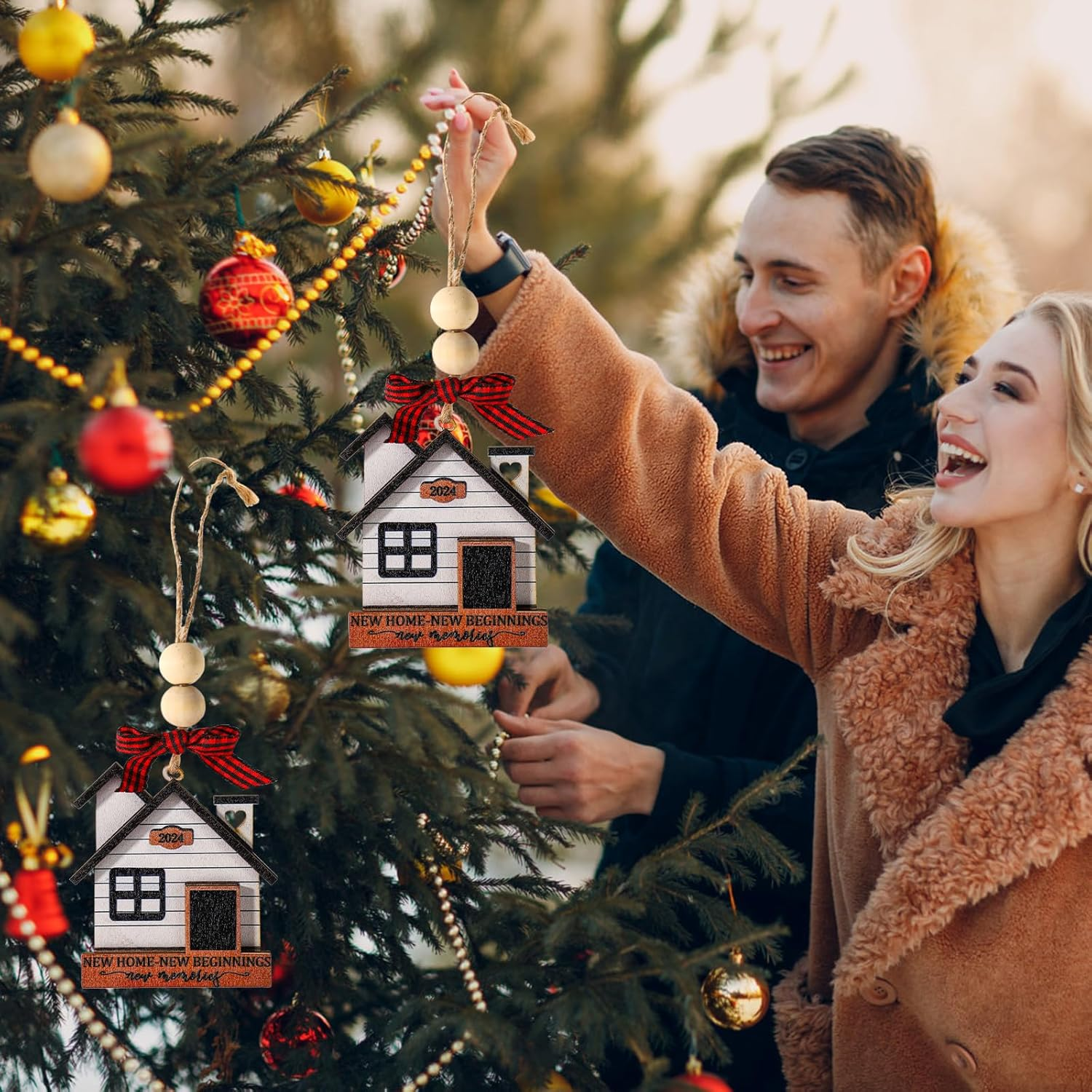 2Pcs Christmas Tree Ornaments, Hanging New Home Ornament 2024 Wooden House Warming Gifts New Home Christmas Ornament for Christmas Tree Decoration Housewarming Gift (Style 1) image number 4