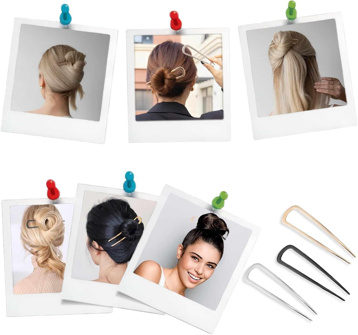 Huotflame U-Shaped Hair Pins Set of 3 - Metal Hair Pins in Gold, Silver, Black - Non-Slip Bun Clips for Women with Thick Hair, Elegant Hair Clips for French Twist image number 5