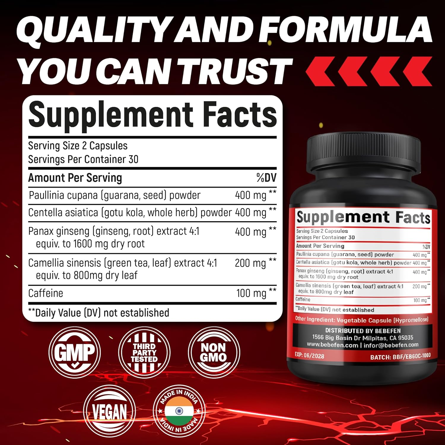 Energy Supplement, 1,500Mg per Serving | with Caffeine, Guarana, Gotu Kola, Ginseng & Green Tea | Daily Energy Booster Pills | Non-Gmo, Gluten Free (60 Capsules) image number 3