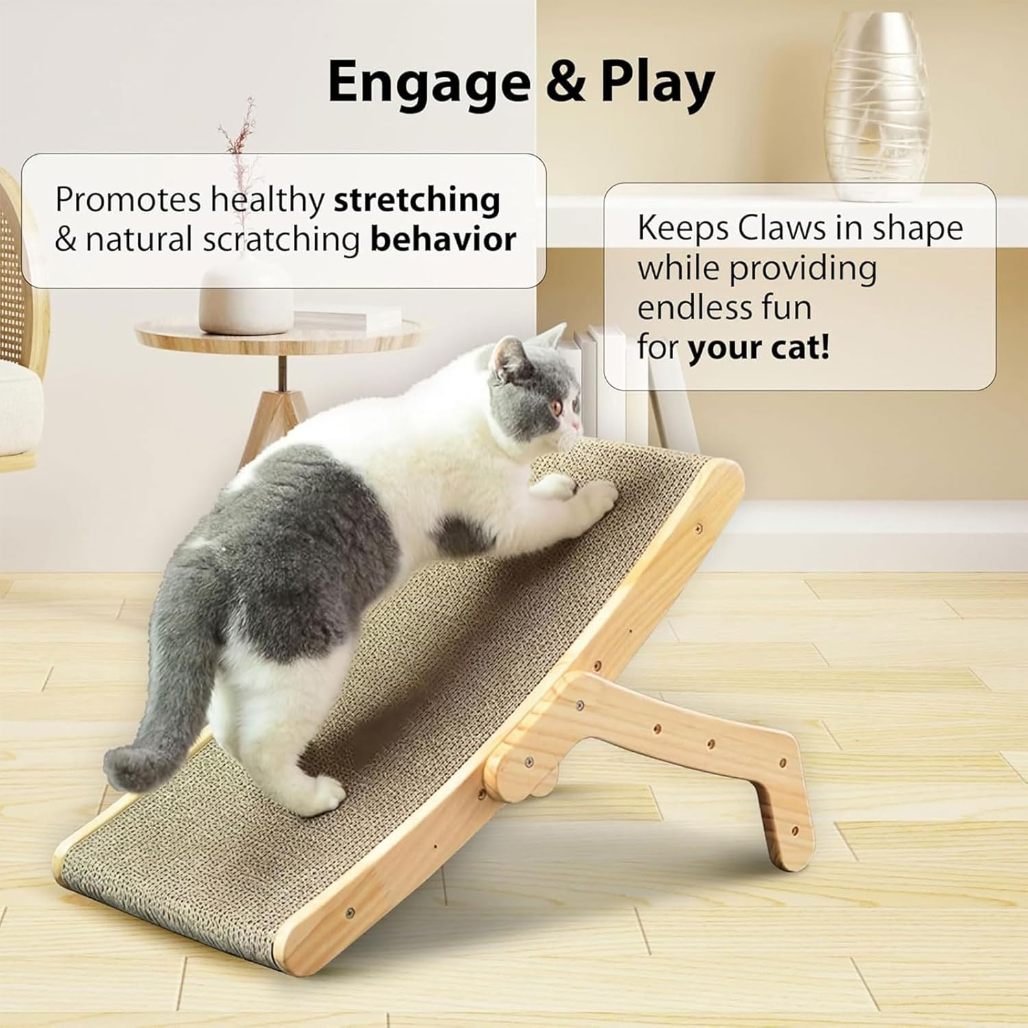 Cat Scratching Board, Multi-Position Cardboard Cat Scratcher Lounger. Natural Wood & Cardboard Scratch Bed. Large Cat Scratching Post for Kitten, Adult Cats Enrichment & Scratch Furniture Protector image number 5