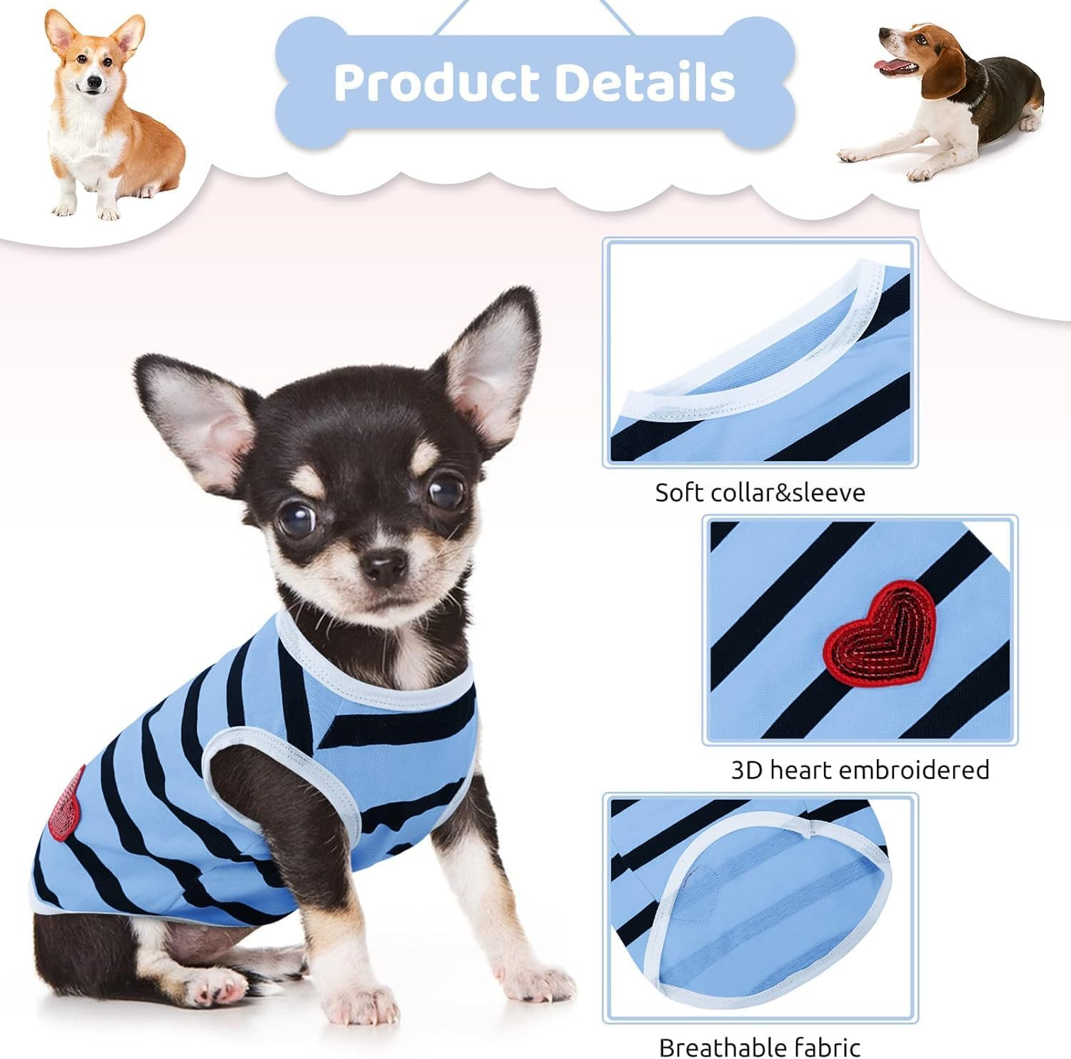 Pet Dog Striped T-Shirt Dogs Cats Cotton Vest Spring Summer Pet Apparel Tee Shirt Suitable for Small and Medium Large Pets (Blue, S) image number 3