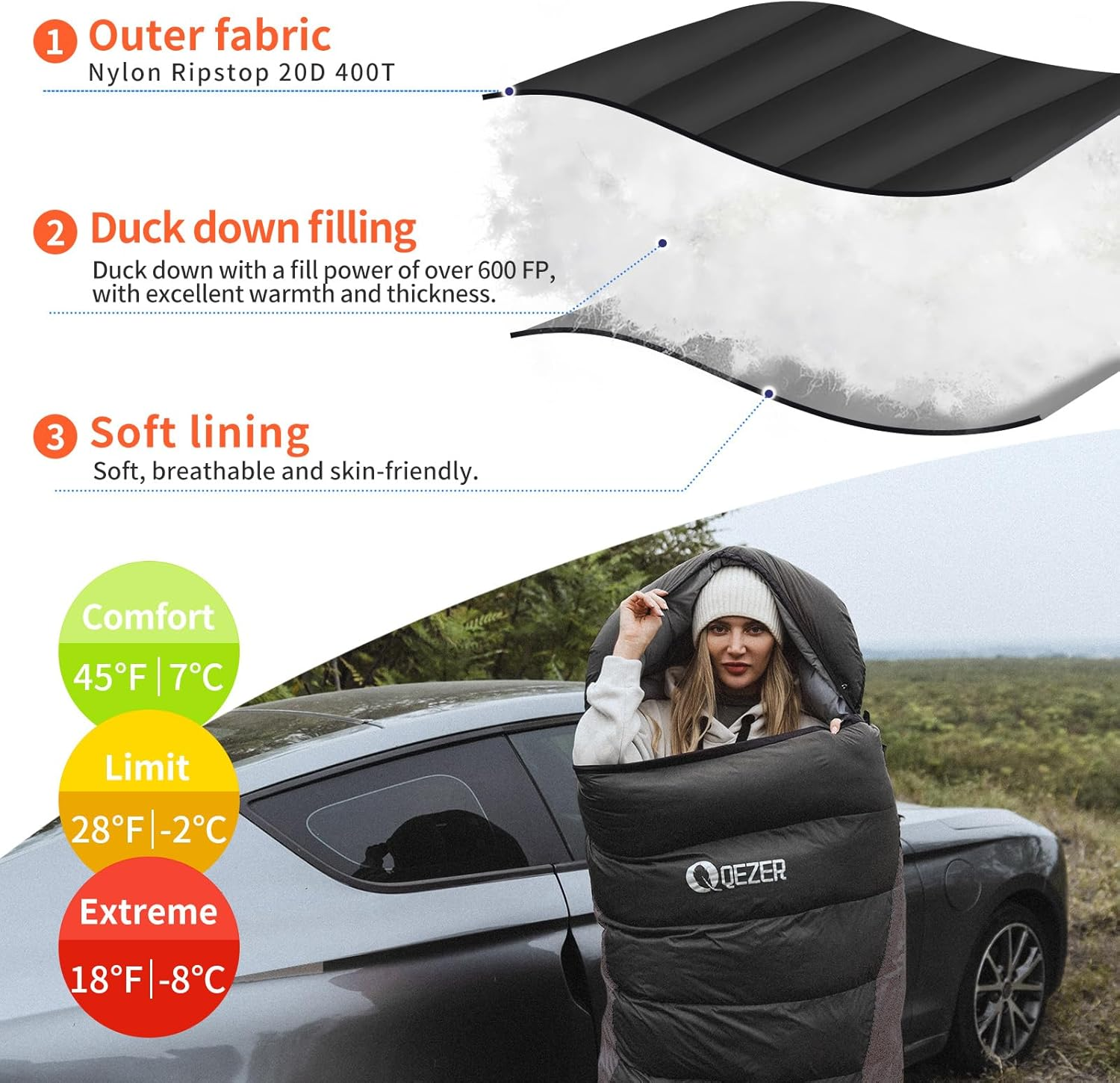 QEZER down Sleeping Bag Ultralight 225 X 80Cm [1440G],Camping Sleeping Bags for Adults and Kids,Suitable for 3-4 Season Camping, Hiking, Backpacking and Outdoor Climbing(800G) - Orange image number 2