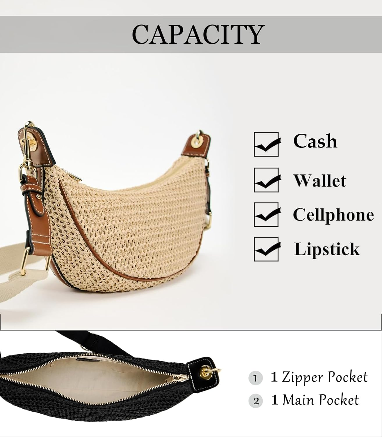 Straw Crossbody Bags for Women Beach Woven Hobo Handbag Summer Chic Crescent Shoulder Purses with Adjustable Strap 2025 image number 5