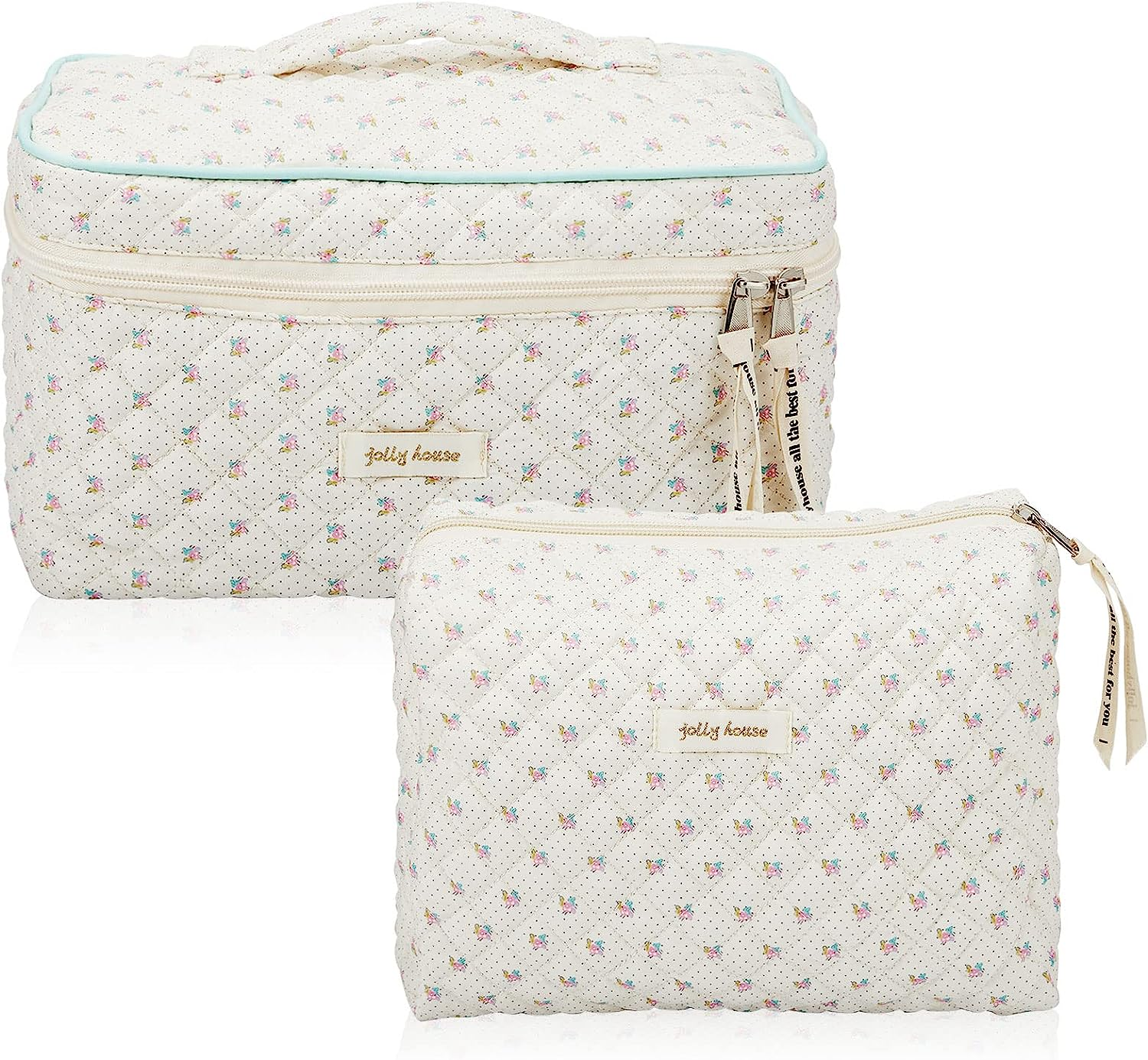 Perthlin Pack of 2 Travel Cosmetic Bags Cotton Quilted Toiletry Bags Large Coquette Make up Bags Aesthetic Cute Makeup Bags with Cherry Heart Flowers Bear for Women Girls (Flower Style), Beige, image number 5