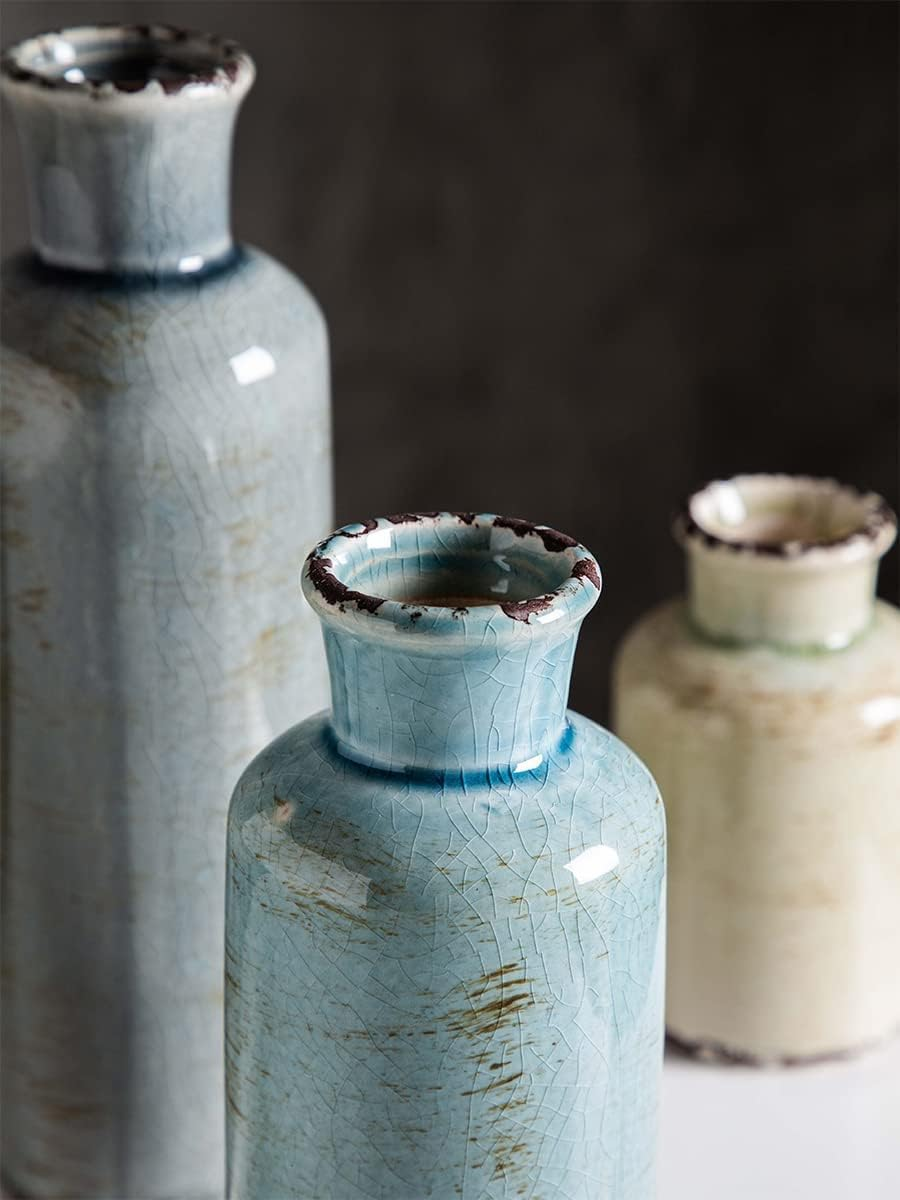 Crackled Finish Ceramic Vases Set of 3, Blue Vase,Bottle Vase,Small Vintage Ceramic Vases for Home Decor, Multicolored Shelf Floor Vases image number 3