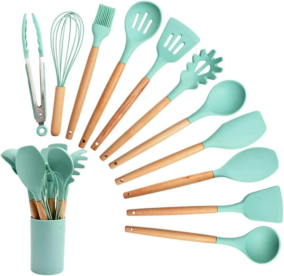 12PCS Green Silicone Kitchen Utensil Set with Wooden Handles - Non-Stick, Heat-Resistant Cookware Tools, Including Spatula, Turner, Tongs, and Spoon Set with Holder image number 4