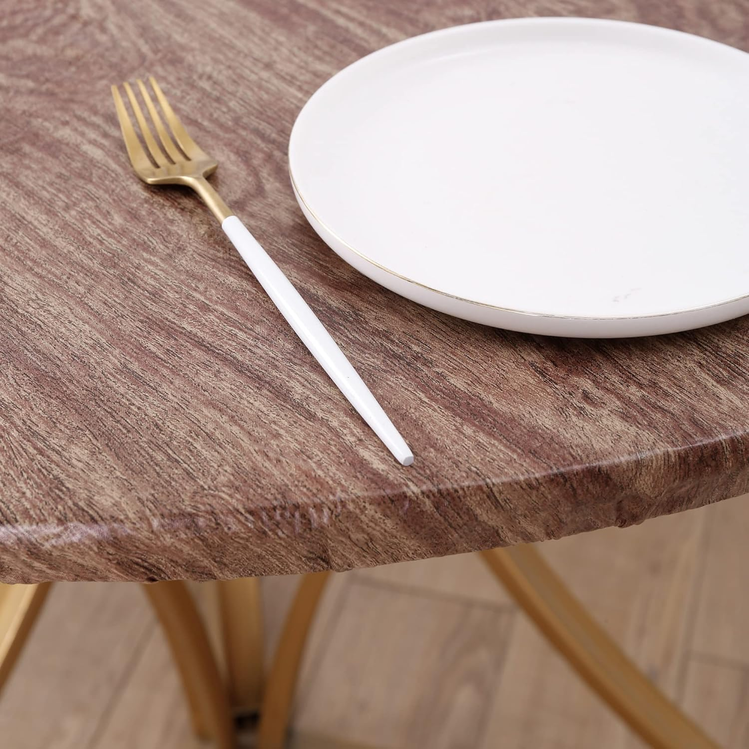 Round Vinyl Fitted Tablecloth with Flannel Backing Elastic Edge Design Table Cover Waterproof Oil-Proof PVC Table Cloth Stain-Resistant Wipeable for round Table image number 6