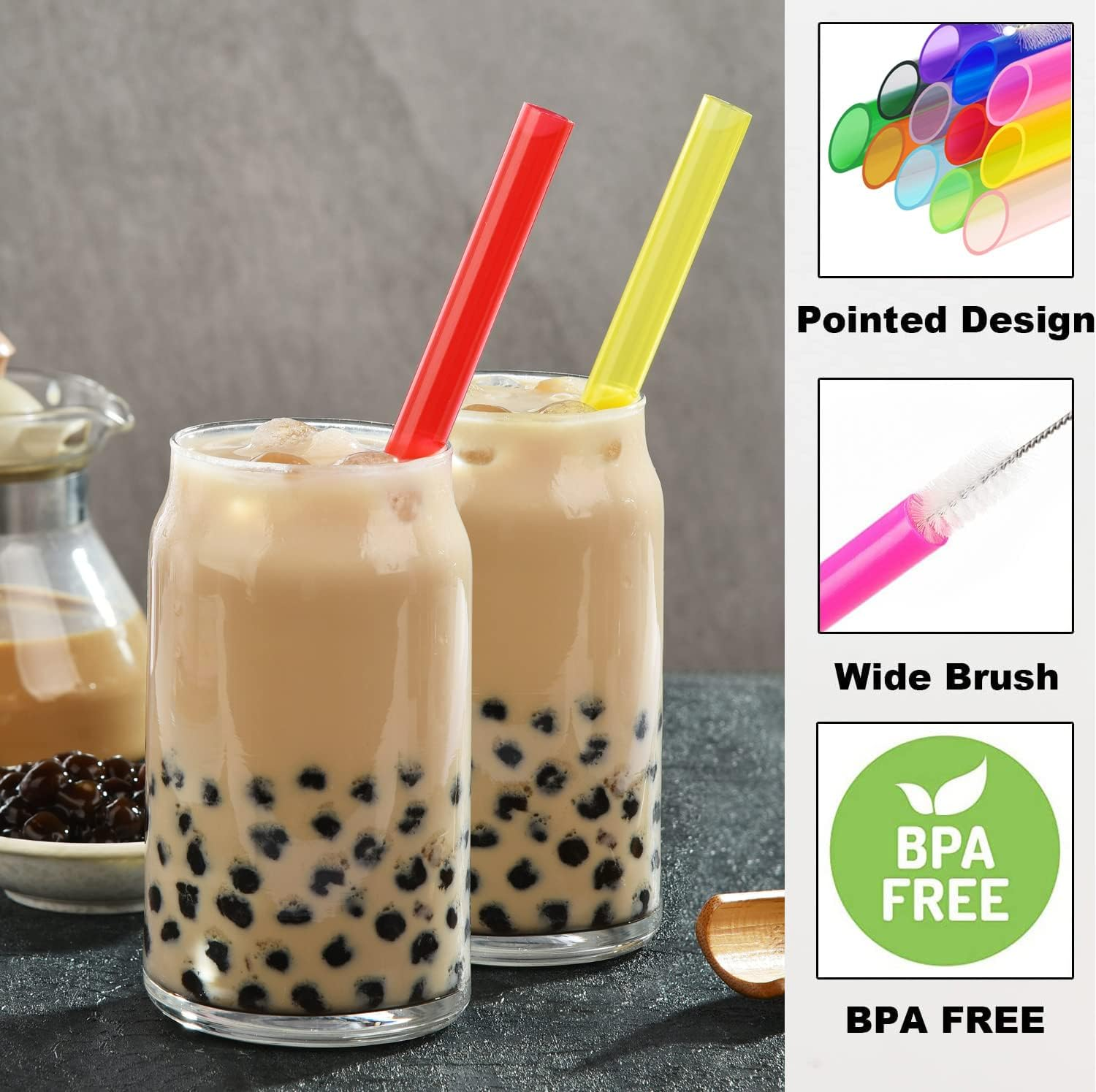 ALINK 12-Pack Reusable Plastic Boba Straws, 13 Mm X 10.5 Inch Long Wide Clear Smoothie Straws for Bubble Tea, Tapioca Pearls, Milkshakes with 2 Cleaning Brush - Pointed Design image number 1