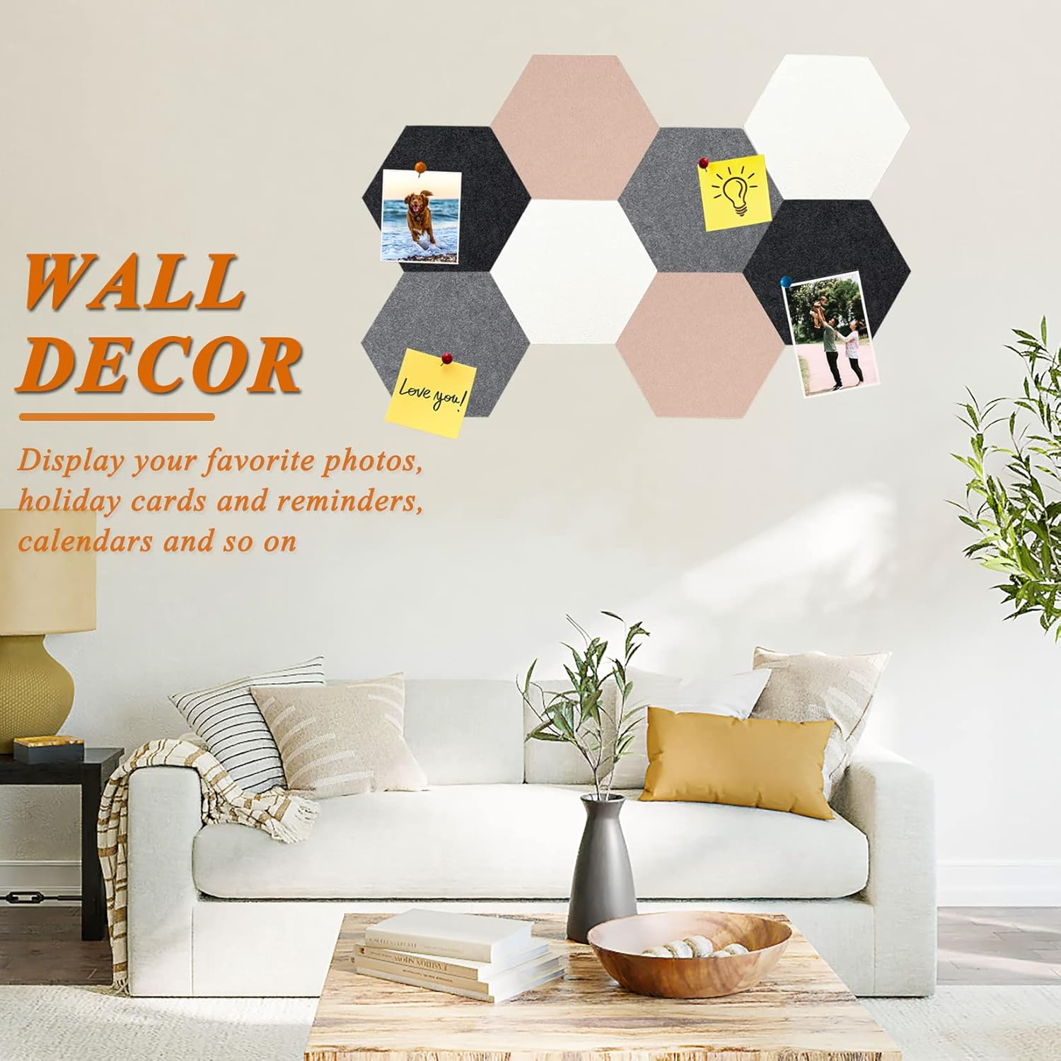 8Pcs Hexagon Felt Cork Board Tiles, Self Adhesive DIY Bulletin Board Pin Board for Office School Home Wall Decor Stickers Memos Photos Display (Camel & Grey) - A- Gradual Grey image number 2