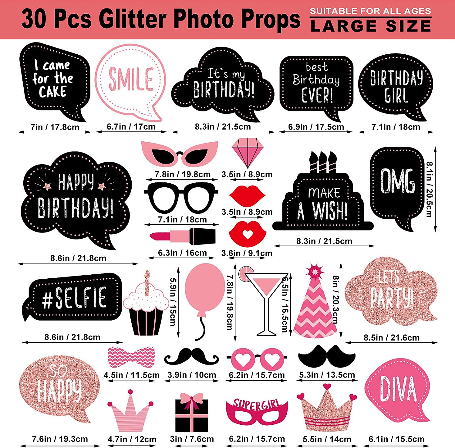 Birthday Photo Booth Props Kit - Happy Birthday Party Favors Supplies Bday Party Decoration Set with Real Glitter Cute Bday Designs for Women - Easy to Assemble 30 Pieces (Rose Gold) image number 3