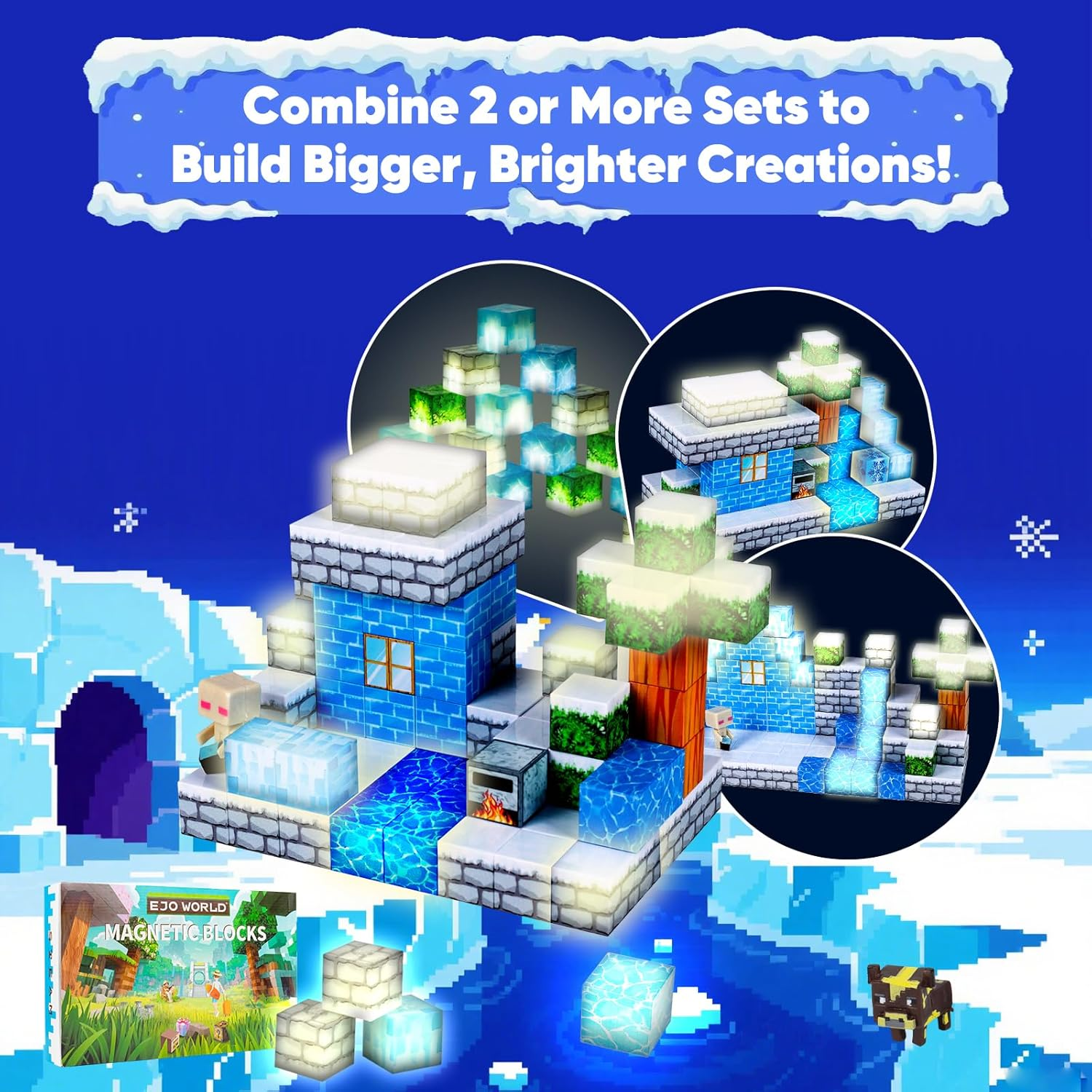Ejo World 128-Piece LED Magnetic Building Blocks &ndash; Snow Adventure Set, Glowing STEM Learning Toys for Kids, Safe and Durable Magnet Blocks for Boys and Girls Ages 3+