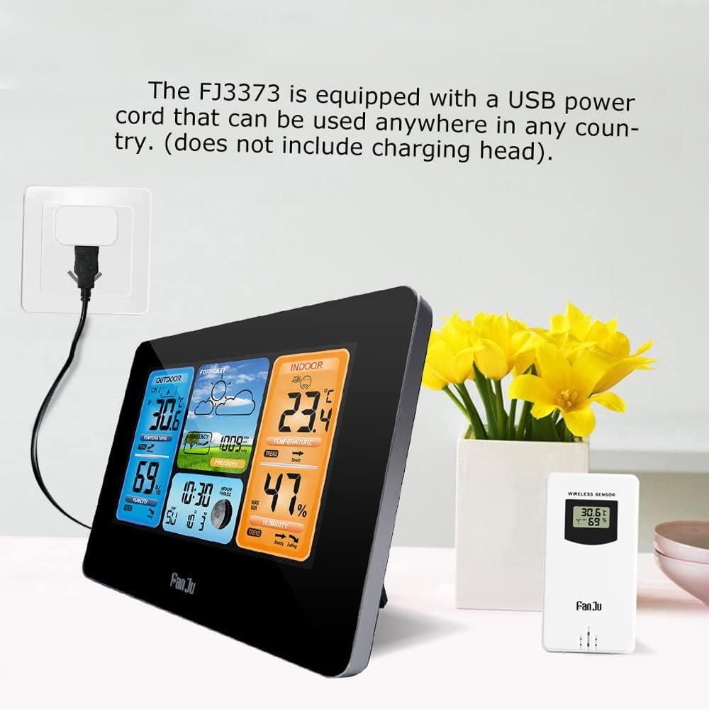 Domary FJ3373 Multifunction Digital Weather Station LCD Alarm Clock Indoor Outdoor Weather Forecast Barometer Thermometer Hygrometer with Wireless Outdoor Sensor USB Power Cord image number 4