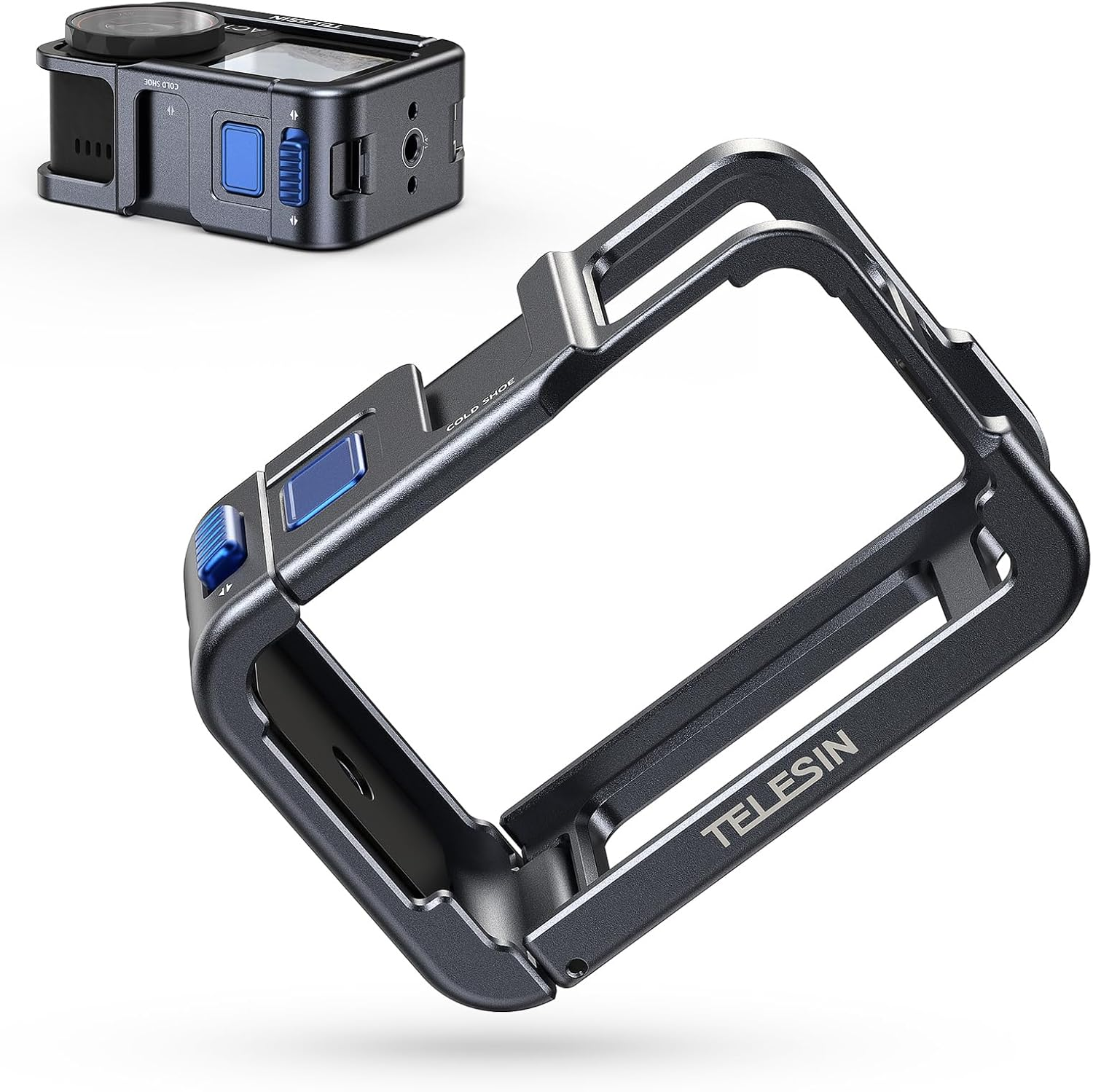 TELESIN Ultra-Light Aluminum Camera Cage Compatible with DJI Action 5 Pro Action 4 Action 3, Fits with ND CPL Lens Filter On, Protective Camera Frame with 1/4 Cold Shoe, for Video Light Microphone image number 3