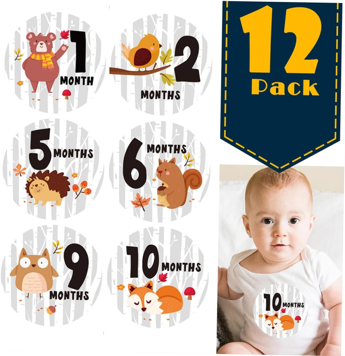 12PCS Milestone Stickers Creative round Animal Design Self Adhesive Newborn Photography Props for Tracking Growth and Media