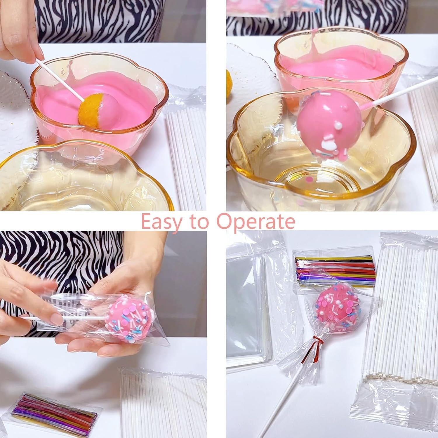 Wzenclave 300 Pcs Cake Pop Sticks and Wrappers Kit, 6-Inch Paper Lollipop Sticks, Clear Candy Treat Bags Parcel, Color Twist Ties for Cakepop, Lollipop, Hard Candy, Suckers and Chocolate(8 * 12Cm) image number 5