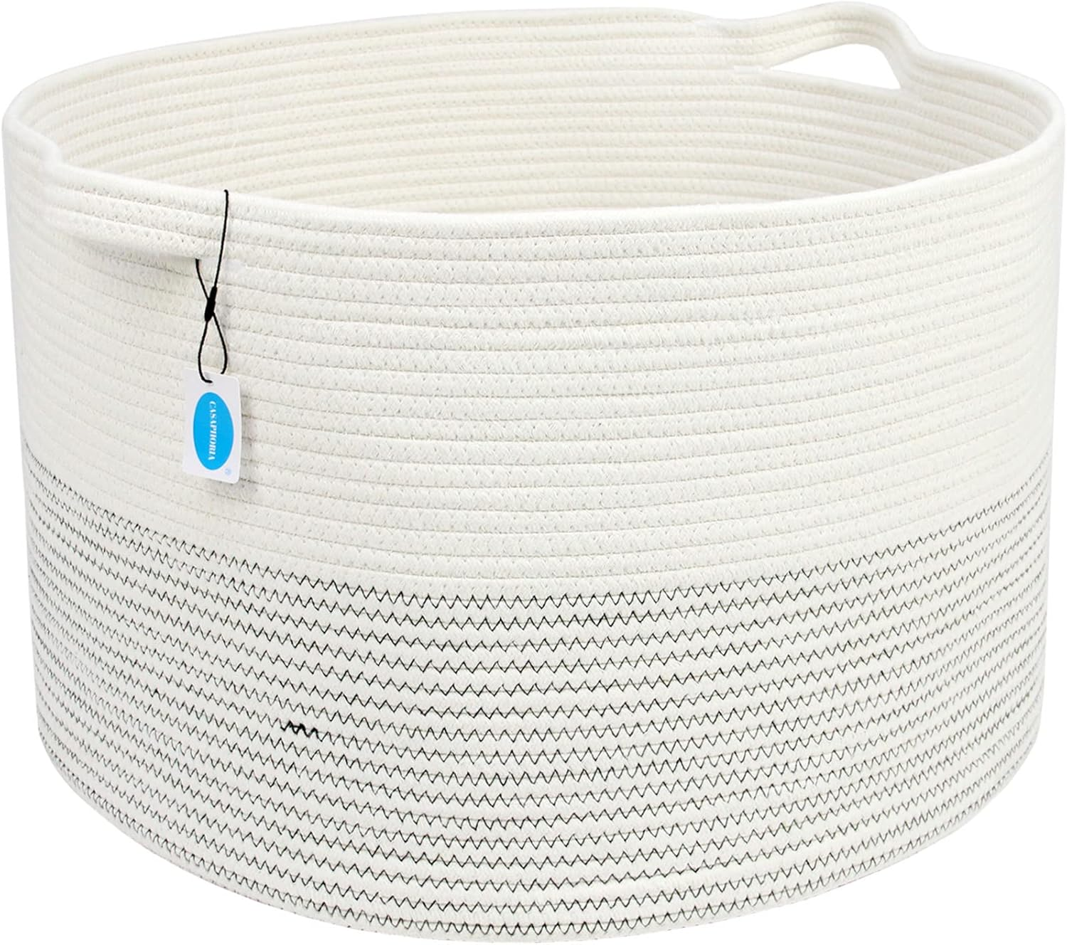 Casaphoria Xxxlarge Cotton Rope Basket 21.7" X 21.7" X 13.8" Woven Laundry Basket for Blankets Storage Basket with Handle Comforter Cushions Storage Bins Thread Laundry Hamper-Black Stitch