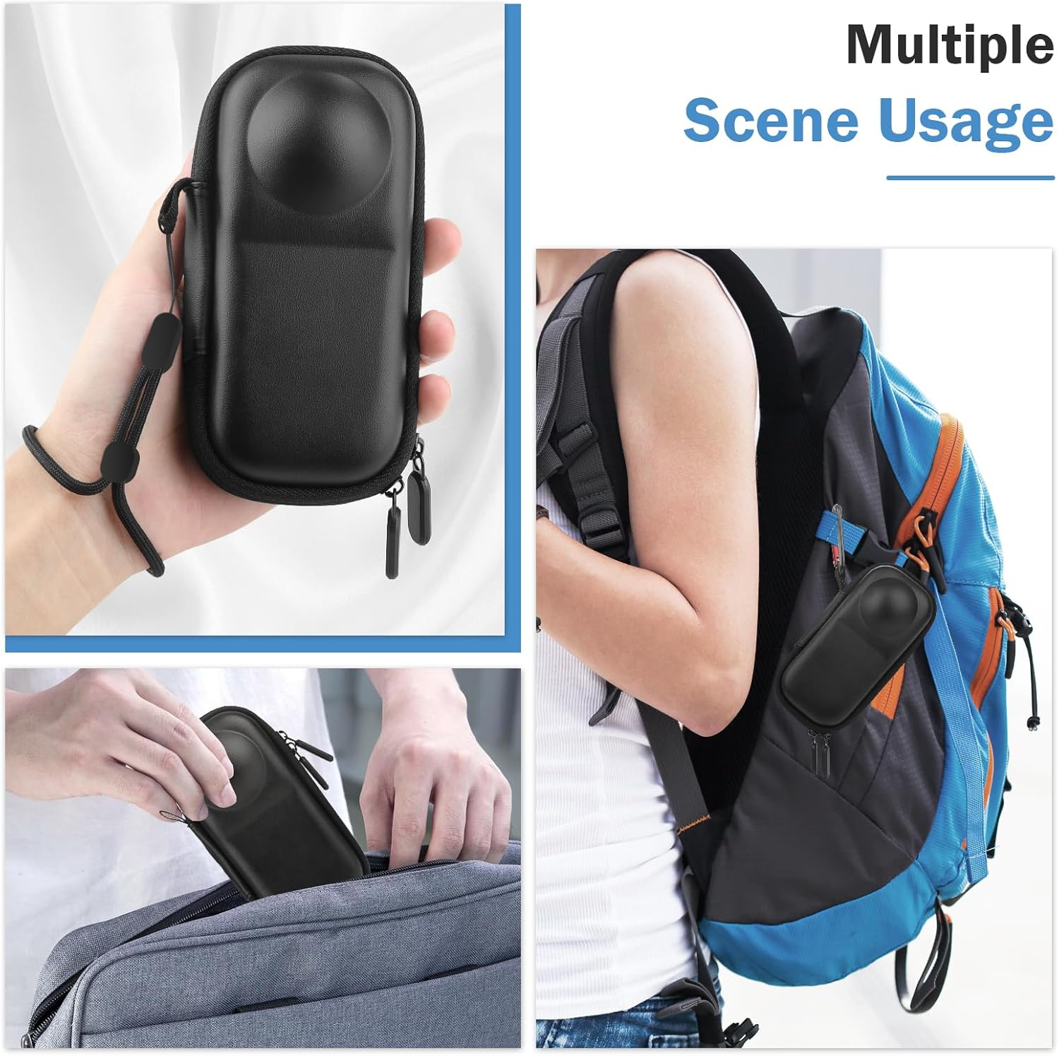 Glasflength Case for Insta360 X4 Camera, PU Hard Shell Carry Bag, Small Travel Bag, Water-Repellent, Portable Storage Bag, Lens Protective Case with Wrist Strap, Carabiner (Black), Black, Modern image number 1