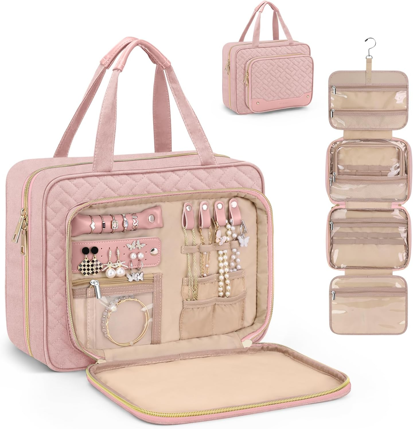 Wedama Toiletry Bag for Women, Hanging Travel Toiletry Bag with Jewelry Organizer Compartment Large Makeup Bag, PVC Waterproof Cosmetic Travel Bag for Travel Business Trips Camping Bathroom, Black