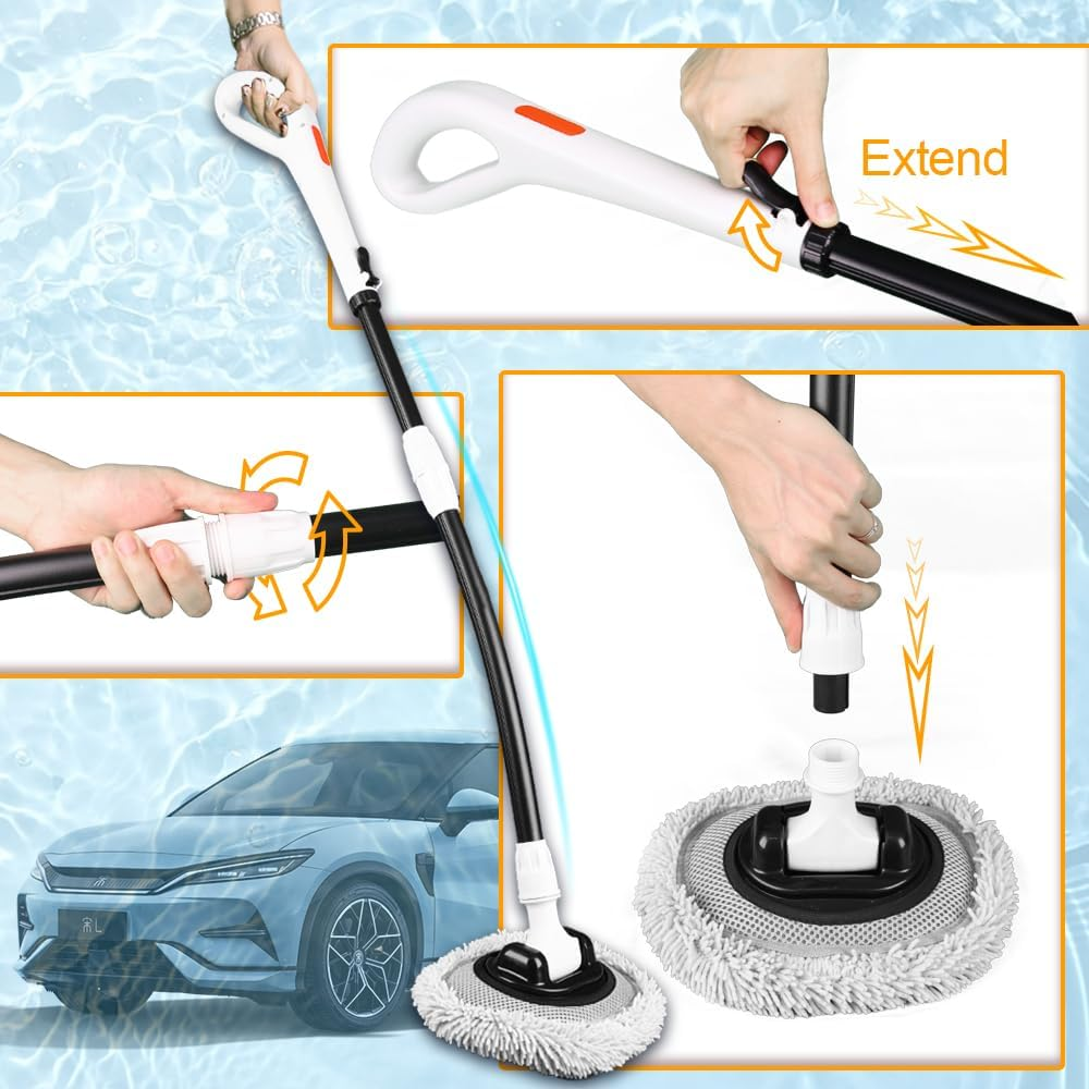 RIDE KINGS Microfiber Car Washing Brush, Automotive Accessories, Extendable Handle, 180&deg; Adjustable, Scratch Free, for Car Cleaning Supplies-White - Whitebrush image number 3