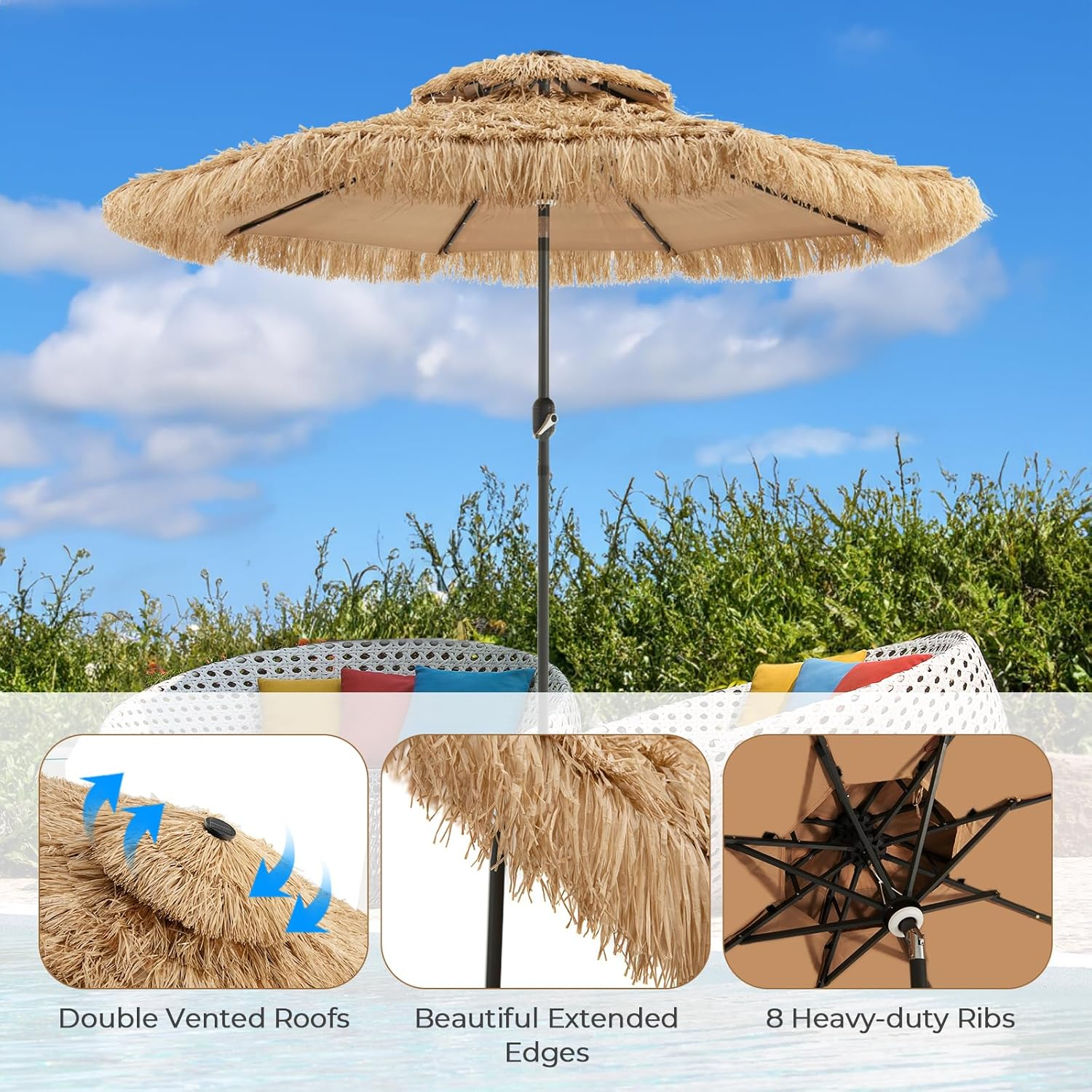 Costway 32 LED Hula Thatched Tiki Umbrella, Solar Powered Hawaiian Style Beach Umbrella with 8 Ribs, 30&deg; Tilt & Crank, Outdoor Market Umbrella for Tropical Palapa, Tiki Bar, Patio, Garden & Poolside, Natural image number 5