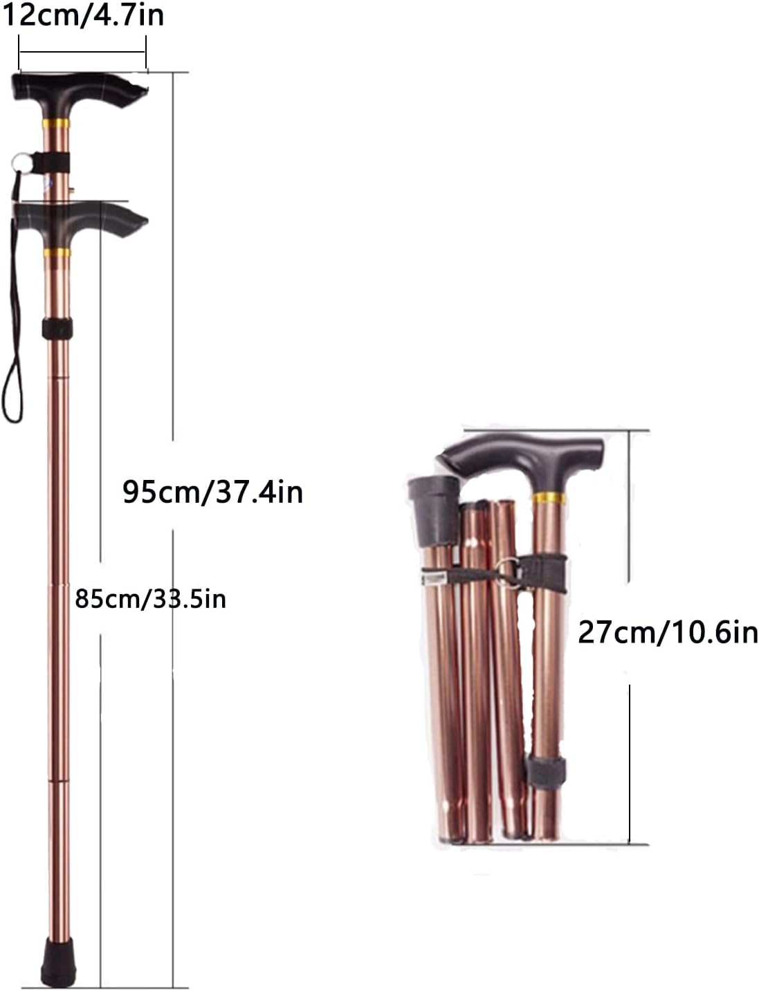 Folding Cane - Adjustable Height Lightweight Walking Stick for Seniors - Portable Travel Cane with Wrist Strap and T Handle