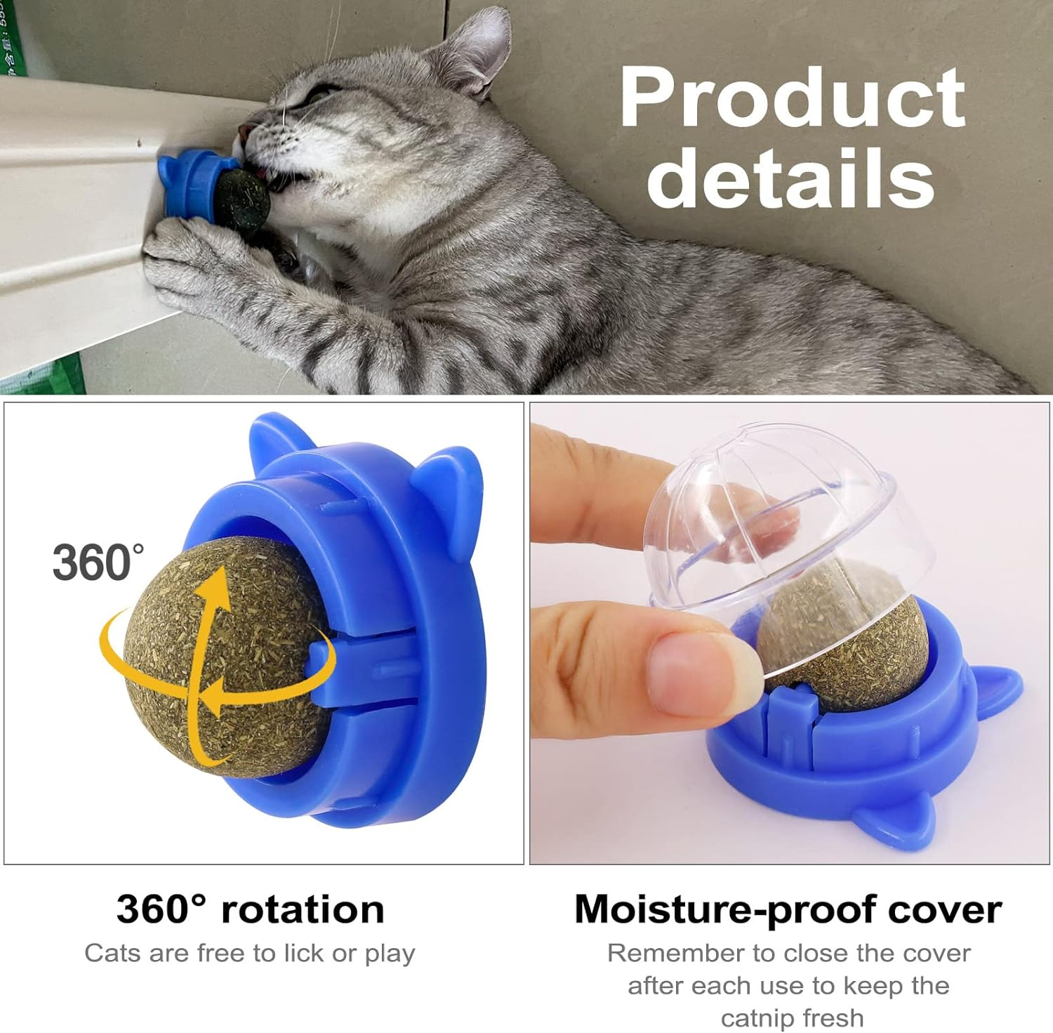 3 Catnip Balls, 360 &deg; Rotatable Cat Wall Snacks, Edible Interactive Cat Toys, Kitten Chew Treats for Cleaning Teeth image number 2