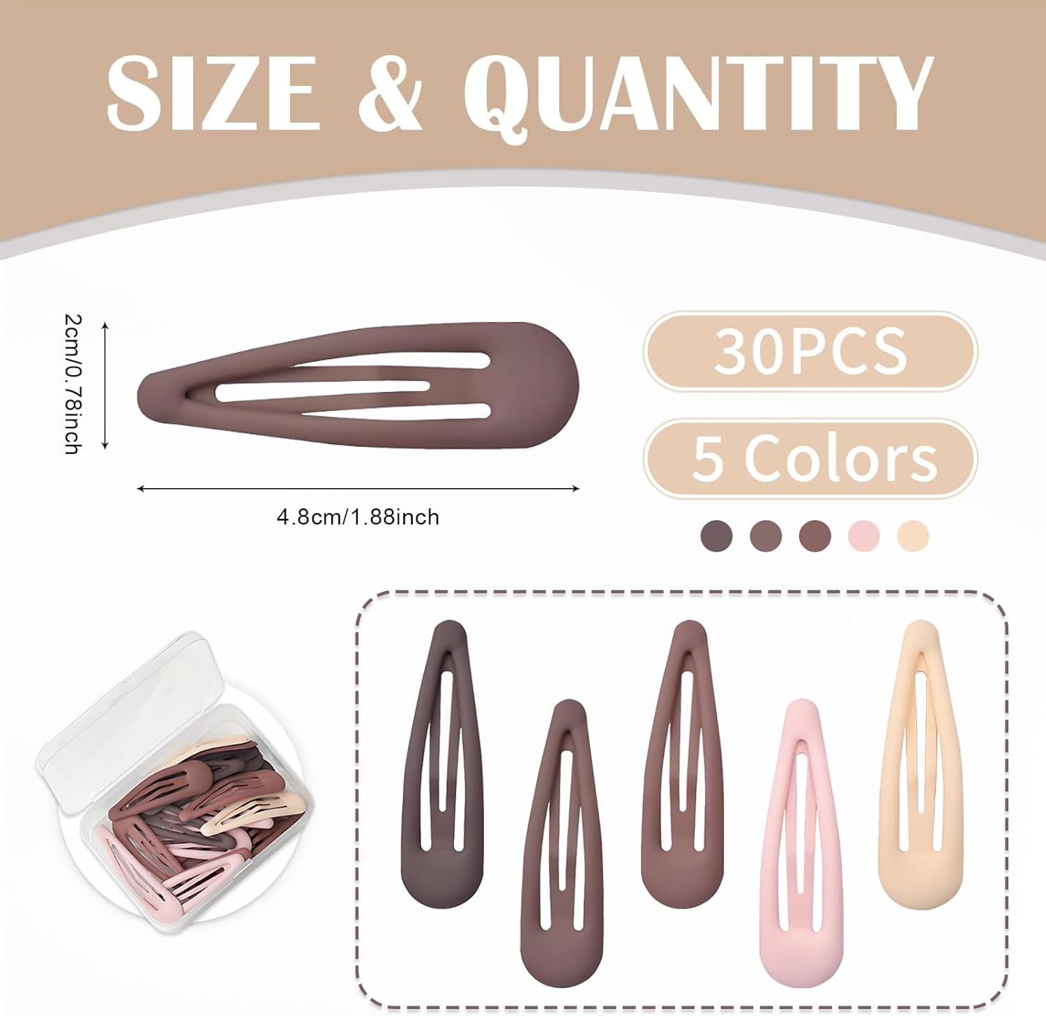 Jotia 30Pcs 5Cm Snap Hair Clips, Water Drop Non Slip Hair Barrettes Strong Hold Matte Hair Clips Metal Snap Clips for Women Girls (5 Colors) image number 6