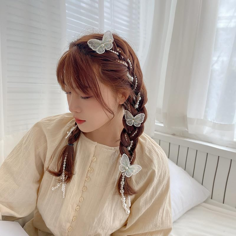 Pearl Tassel Hair Braid Chains Butterfly Hair Clips for Women Girls Hair Pearls for Braids Ponytail Pearls Hair Chain Butterflies Hair Barrettes White Pearl Hair Accessories