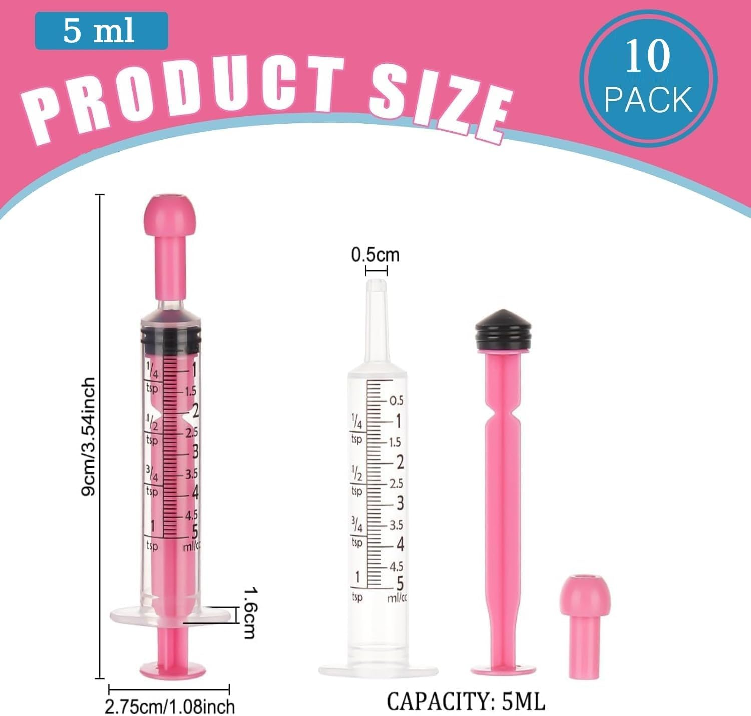 10 Capped Pink Oral Syringes, Sterile, Individually Packaged, for Oral Administration to Infants, Adults, and Animals in Scientific Laboratories, Liquid Dispensing (5Ml)