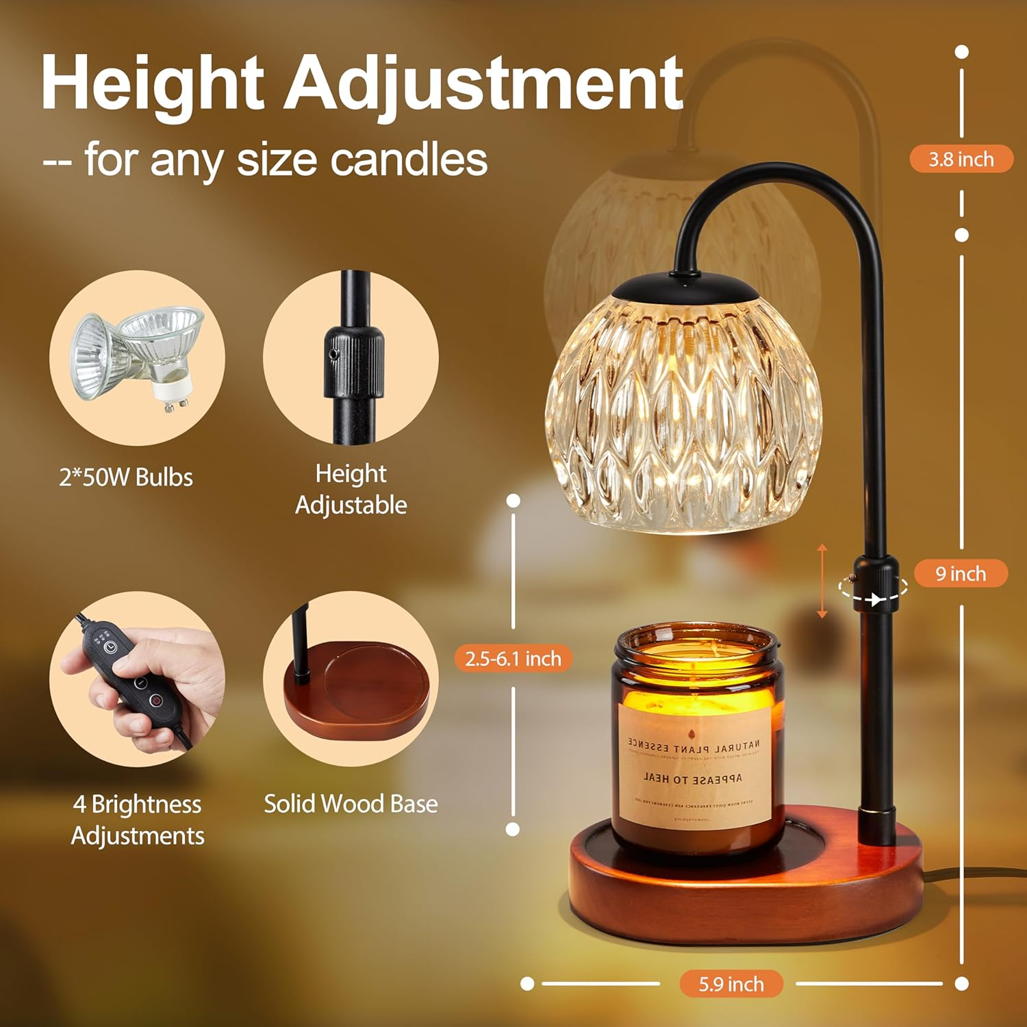 Dreamholder Candle Warmer Lamp, Glass Electric Wax Melter Lamp with Timer & Dimmer, Vintage Wax Warmer Adjustable Height for Various Sizes Scented Candles for Home Decor Gifts, 2X50W Bulbs, Black - Natural Wood image number 7