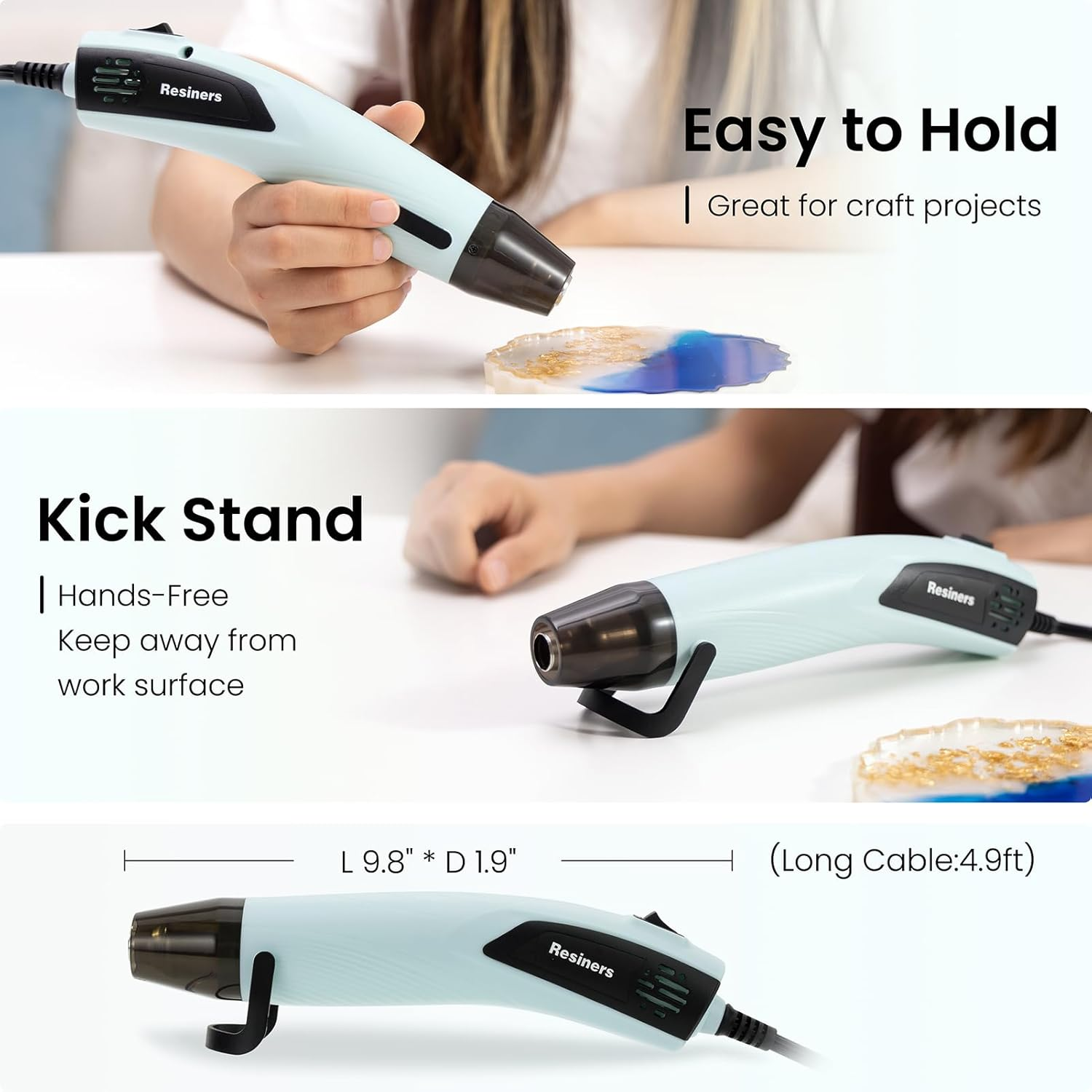 Resiners Heat Gun, Mini Dual Temp Hot Air Gun Crafts Tool with 3 Nozzles, 350W 662℉ (350℃) Heat for Epoxy Resin, Bubble Remove, DIY Glitter Tumblers, Vinyl Shrinking Wrap, Embossing, Candle Making image number 3