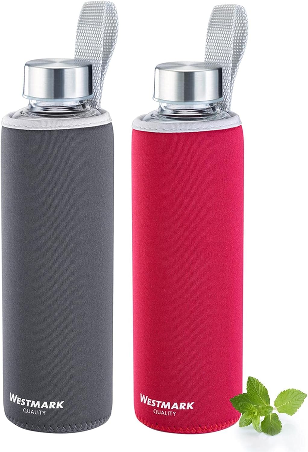 Westmark Drinking Bottle Set 2 Pieces 2 Glass Drinking Bottles with Print, Includes 1 Protective Cover, 1000 Ml, Glass, Silicone, Rubber, Bpa-Free, Viva, Red/Anthracite/Silver/Clear, 5274222E8