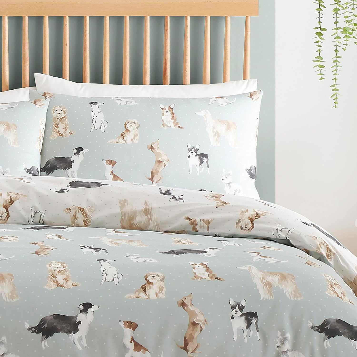 Fusion - Duck Egg Blue Dog Duvet Cover - Single Bedding Size (140 X 200Cm) - Reversible Design (Beige & Duck Egg Blue) - Dog Paw Print Bedding - Animals Print - Shih Tzu, French Bull and Poodles Dogs image number 2