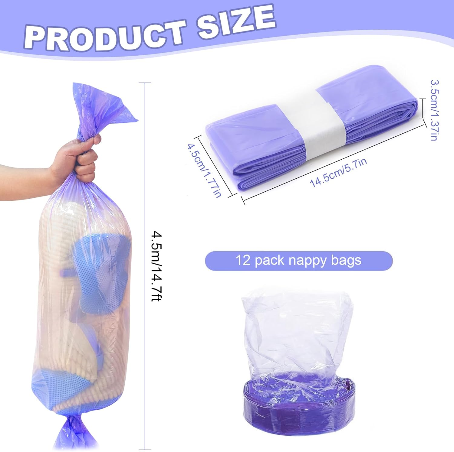 12 Pack Diaper Disposal Refills for Nappy Bin Refills，4.5M Environmentally Friendly Diaper Bin Refills Nappy Disposal Bags, Compatible Diaper Pail Refill Bags