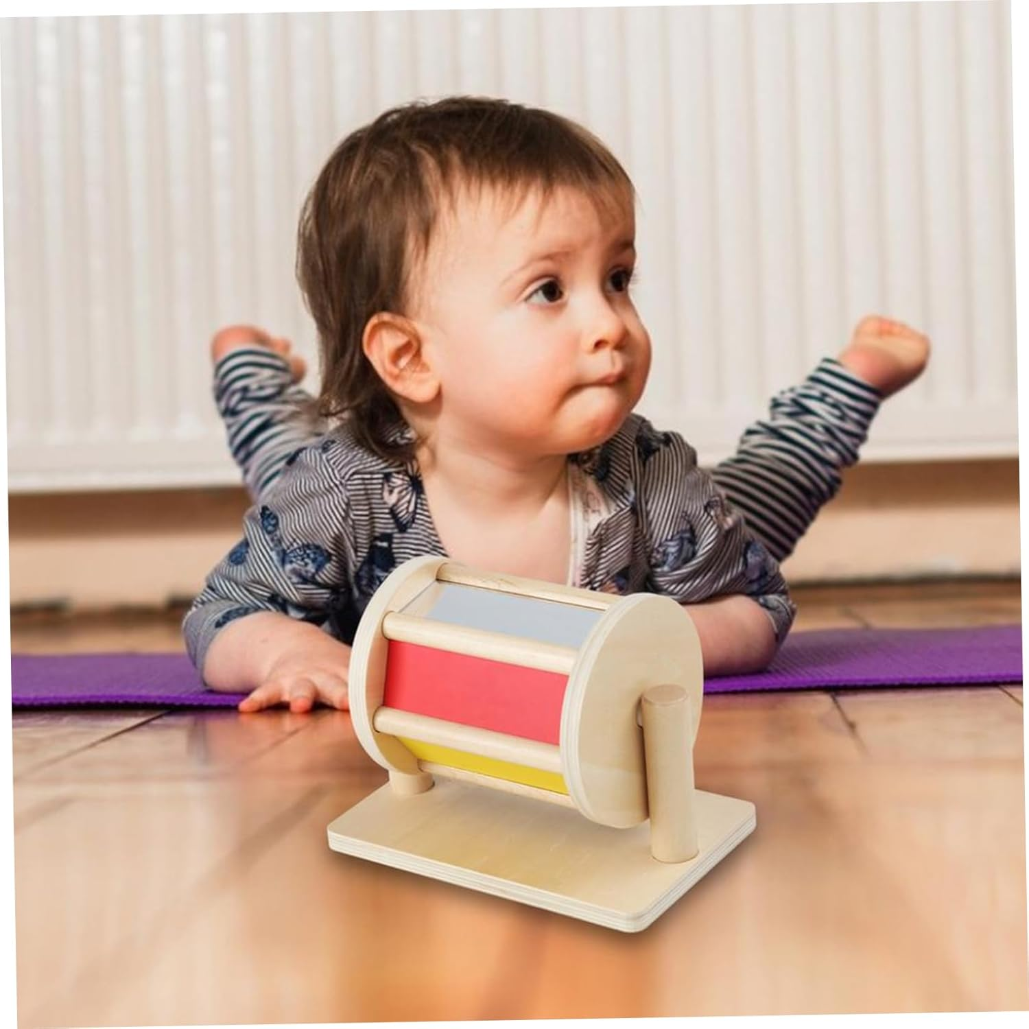 Montessori Spinning Drum,Spinning Drum for Babies 6M+,Safe Spinning Rainbow Baby Toy,Wooden Baby Spinner Toy,Lightweight Spinning Drum with Clear Mirror - 8.2X5.1X6.1 In image number 1