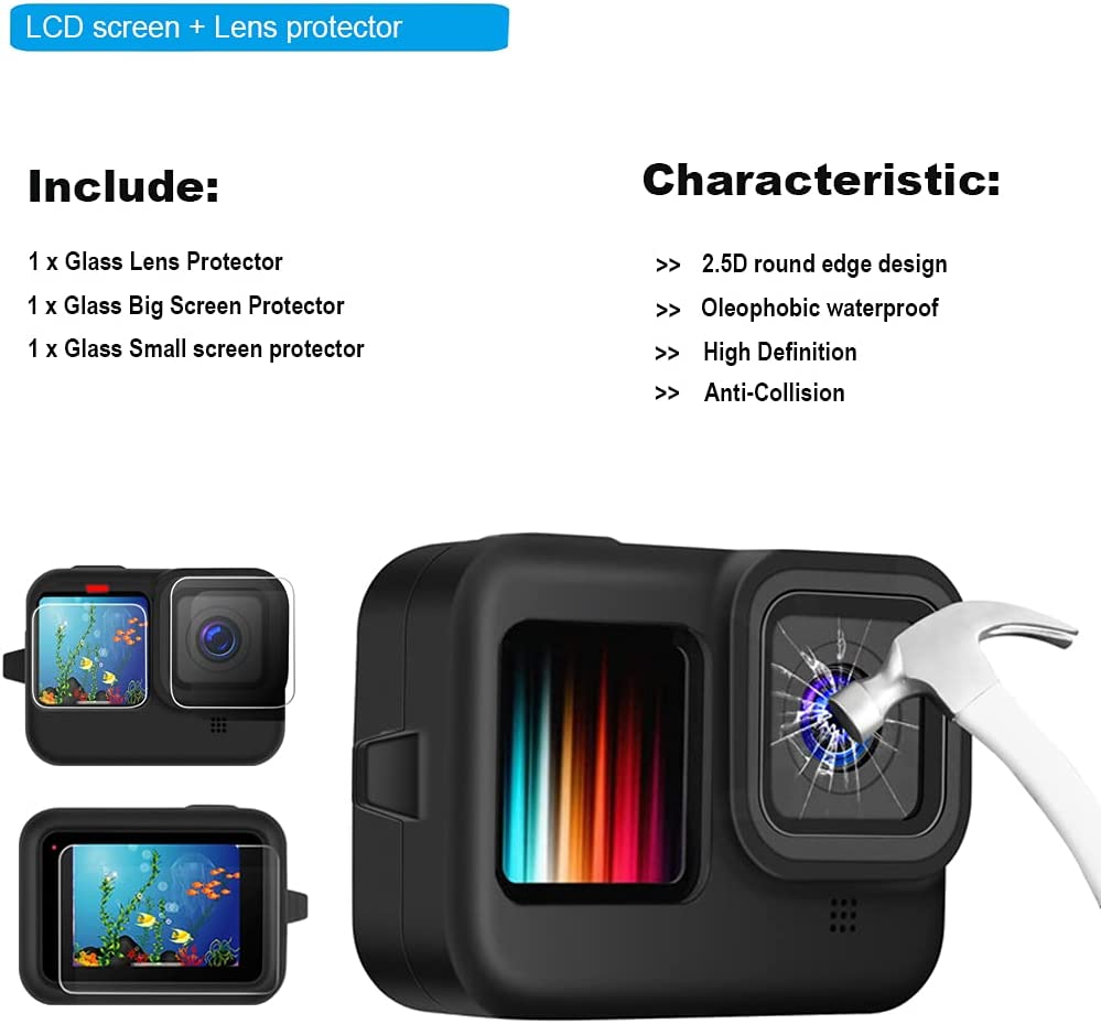 Waterproof Case Housing for Gopro Hero 13 12 11 10 9 Black Tempered Glass Screen Protector Silicone Sleeve Protective Case Accessories Kit Bundle for Gopro13 Gopro12 Gopro11 Gopro10 Gopro9 Go Pro -04E