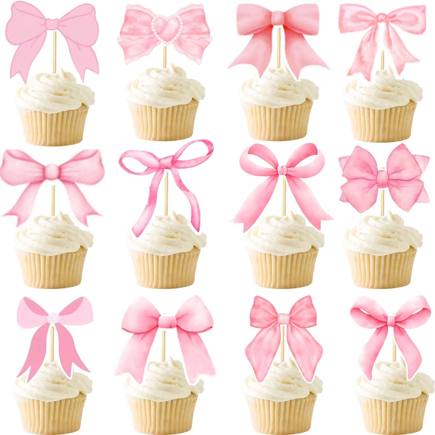 24PCS Coquette Bow Cupcake Toppers, Pink Bow Coquette Birthday Cake Decorations for Bachelorette Bridal Engagement Wedding Girl Baby Shower Bow Theme Party Decor image number 6