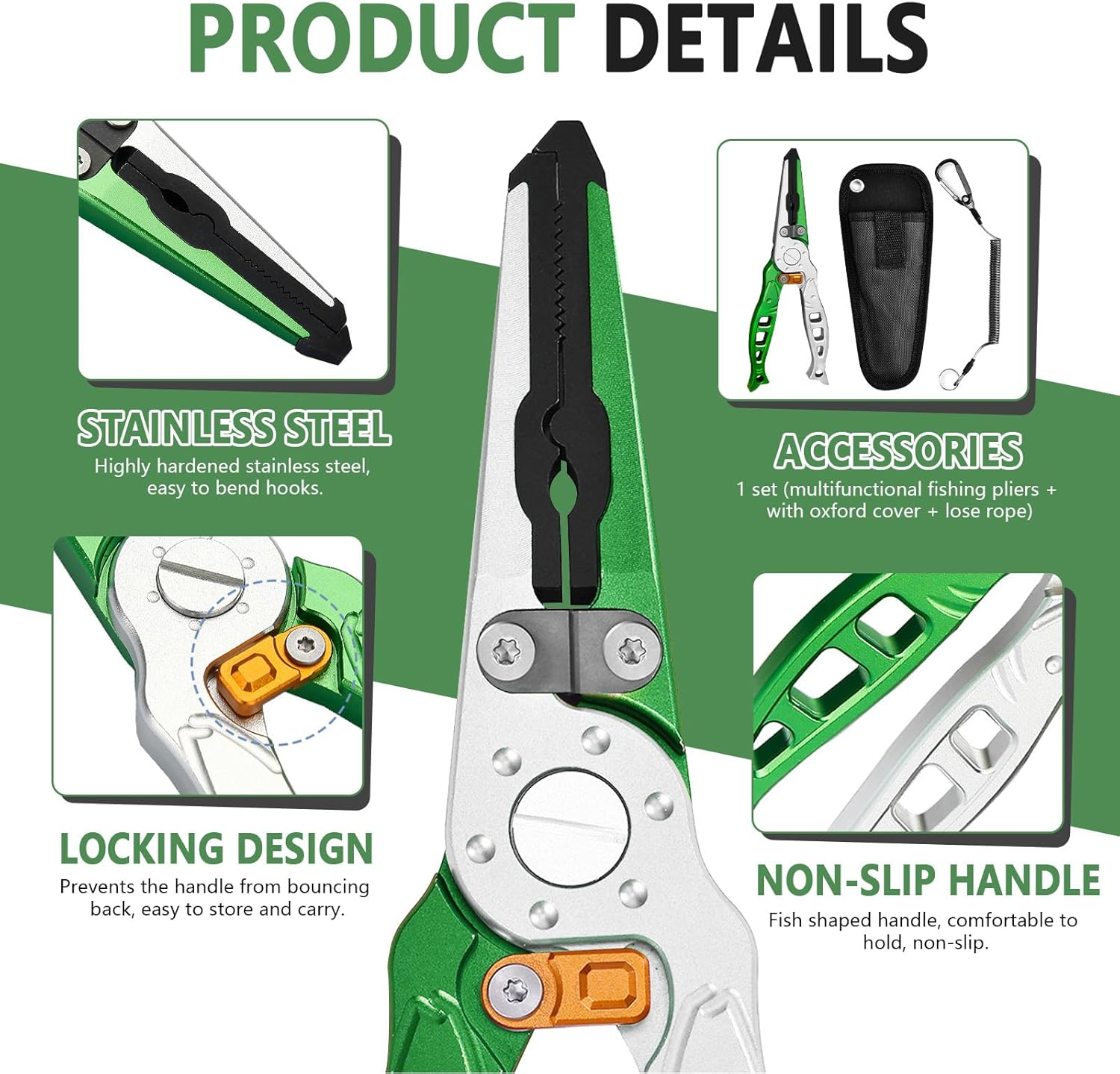 Fishing Pliers, Multi-Function Split Ring Pliers, Fish Hook Remover with Safety Lock, Fishing Gears with Sheath and Lanyard, Fishing Tool Gifts for Men