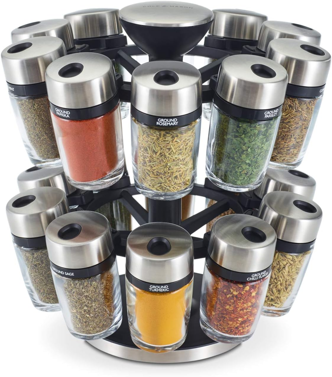 Cole & Mason Cambridge 20 Glass Rotating Spice Rack, Spice and Herb Organiser/Storage, Glass Spice Jars with Labels, Herbs and Spices Included image number 6