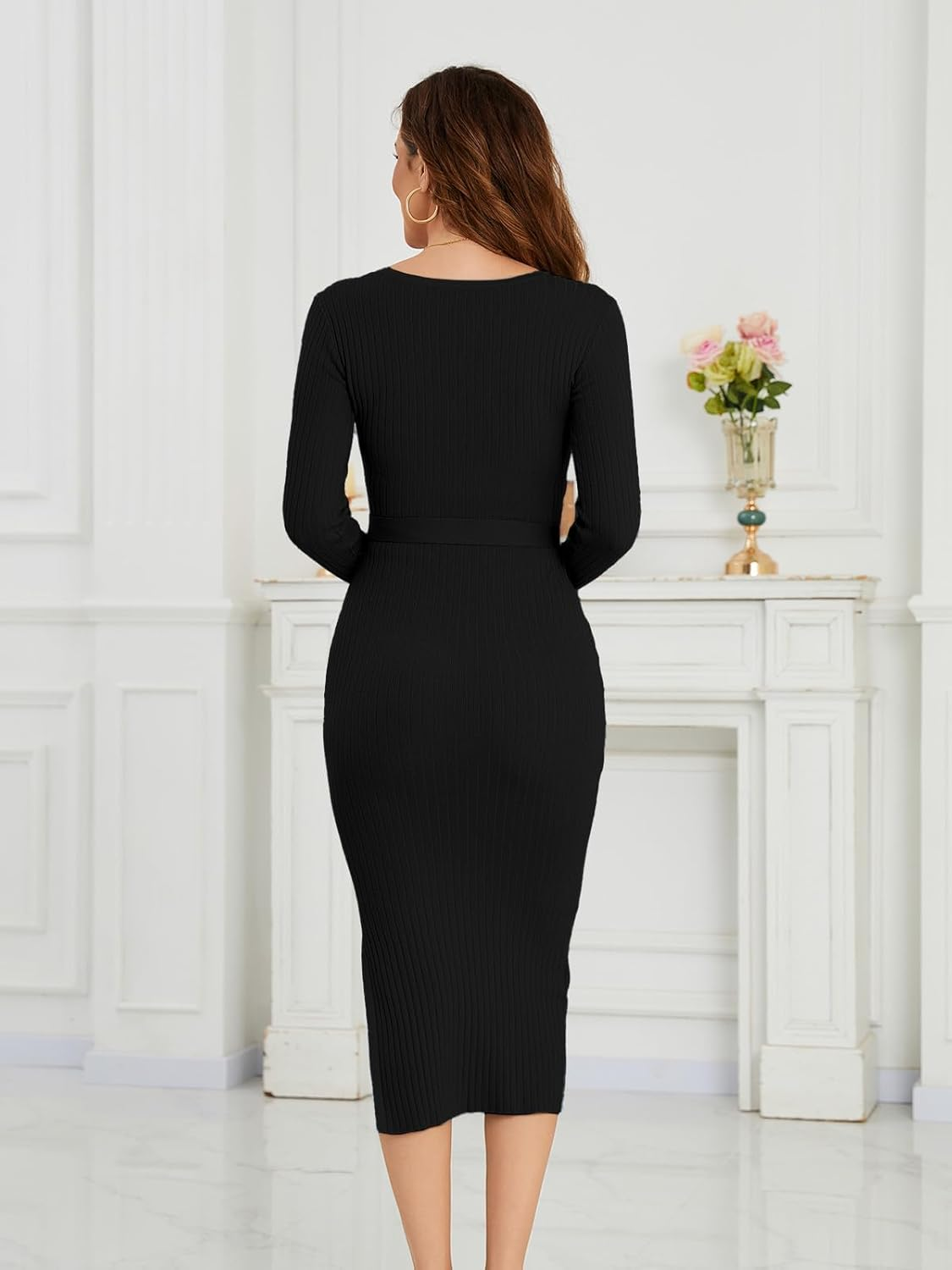 Ecavus Women'S Long Sleeve Maternity Sweater Dress for Baby Shower V Neck Slit Maternity Photoshoot Dress with Belt image number 6