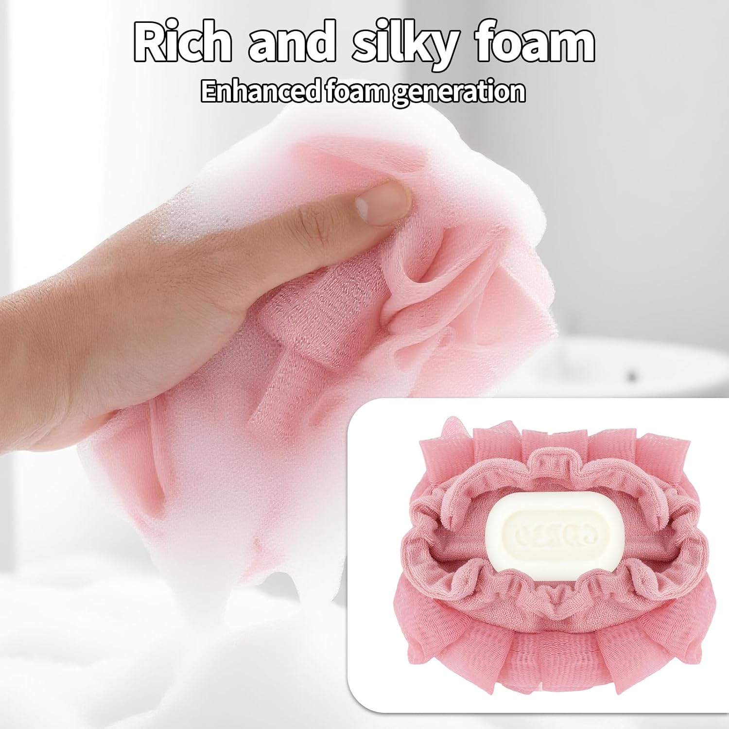 2Pcs Loofah Washcloth for Bar Soap, 2-In-1 Exfoliating Bath Sponge with Drawstring Reusable Mesh Shower Puff for Smoothing Skin & Body Cleansing (Pink, Beige) image number 2