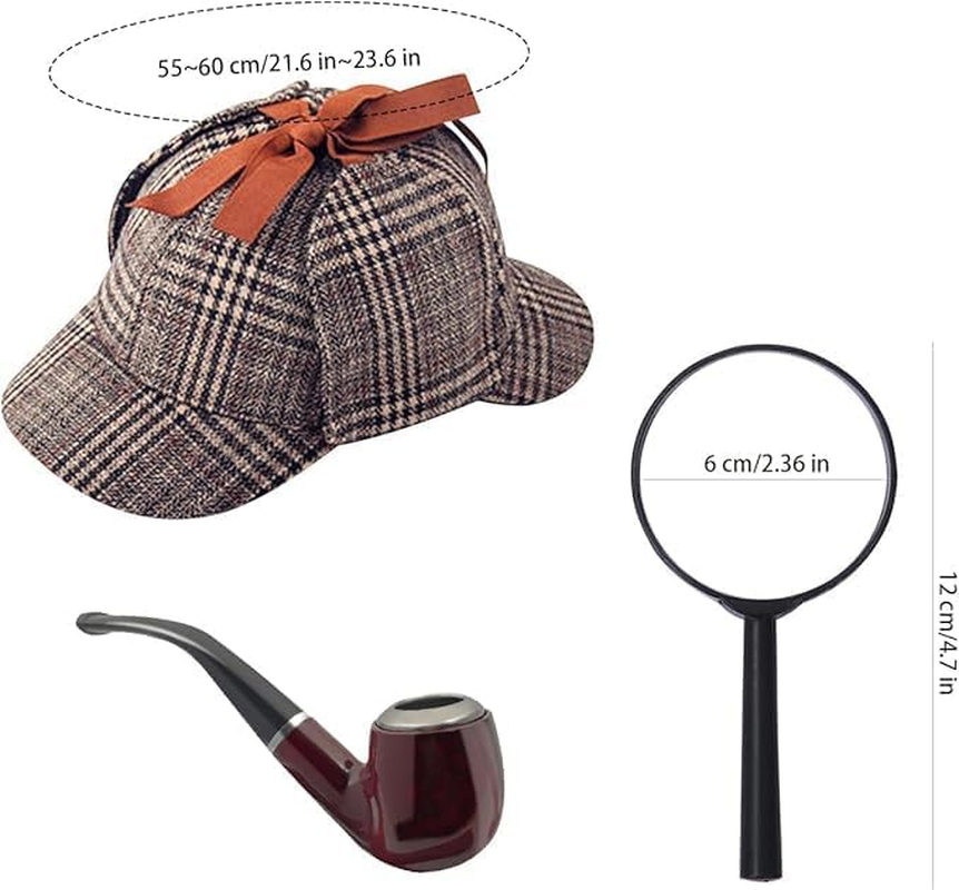 Detective Fancy Dress Accessory Set Magnifying Glass Pipe Deerstalker Hat Victorian Detective Sherlock Costume Kit for Halloween Party Accessories 3 Pcs image number 3